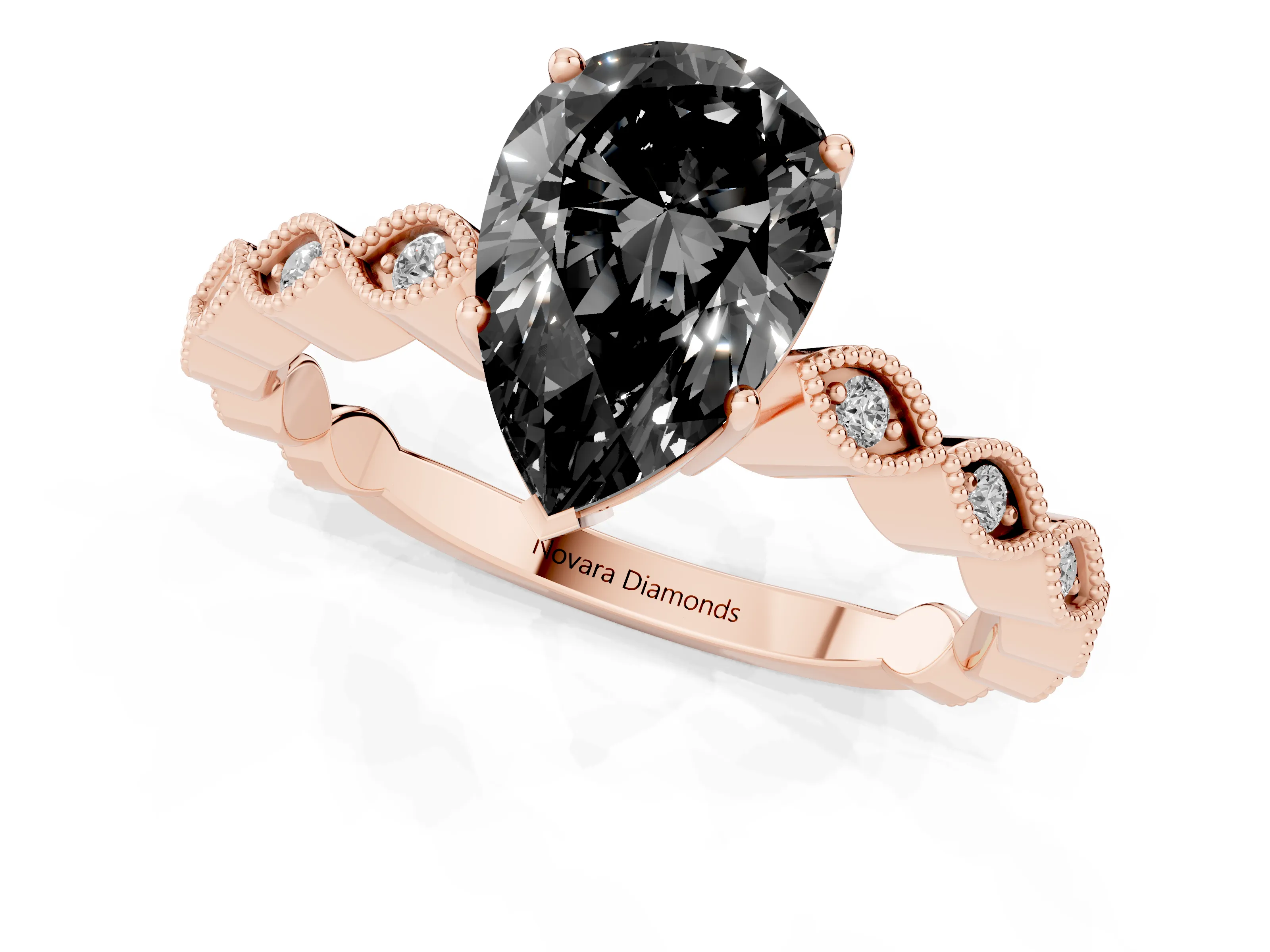 Fancy Black Pear Cut Diamond Solitaire Ring Set in Rose gold with Infinity Twist Pavé Band