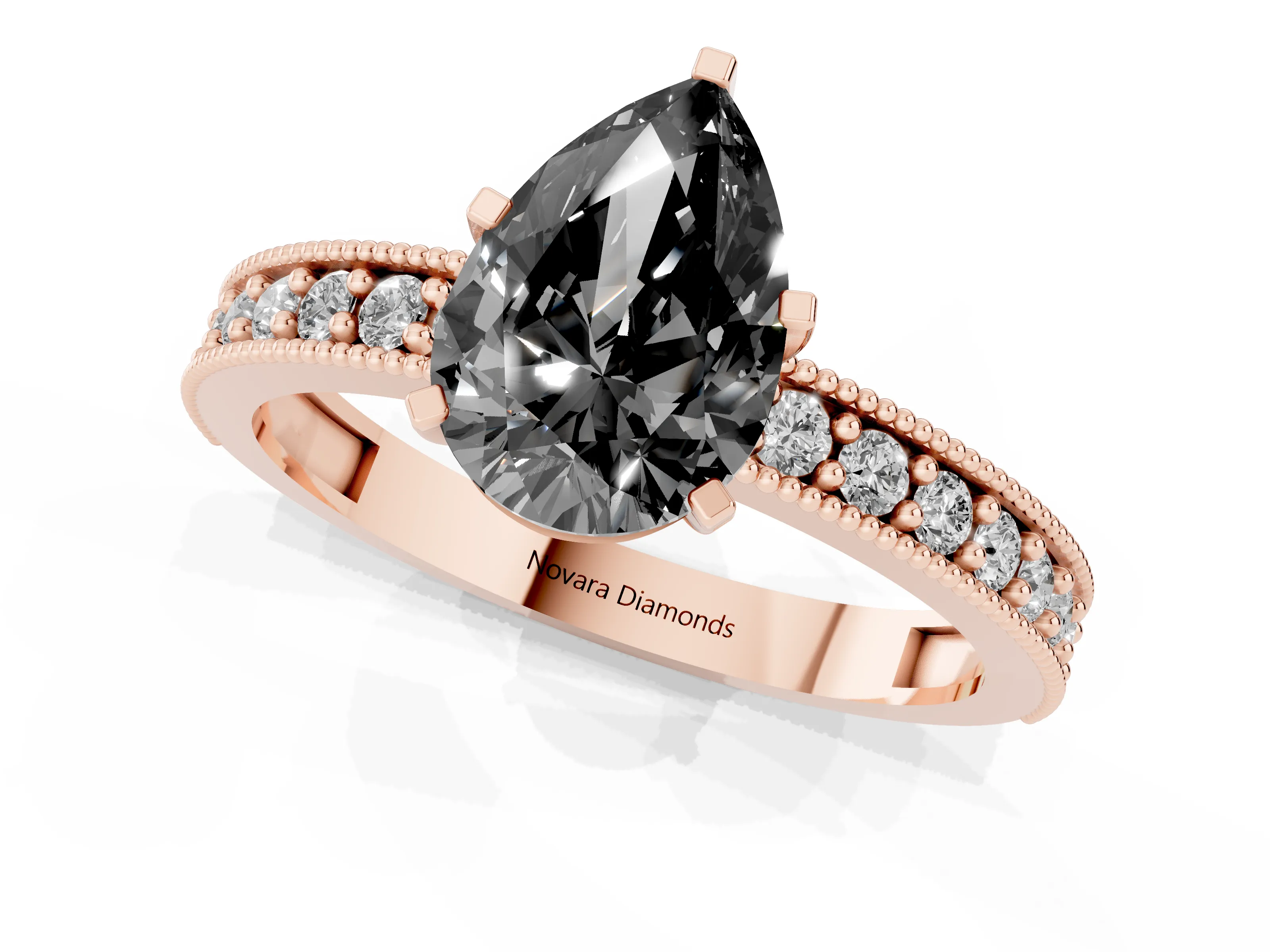 Fancy Black Pear Cut Diamond Milgrain Pavé Engagement Ring Set in Rose gold with Prong Setting