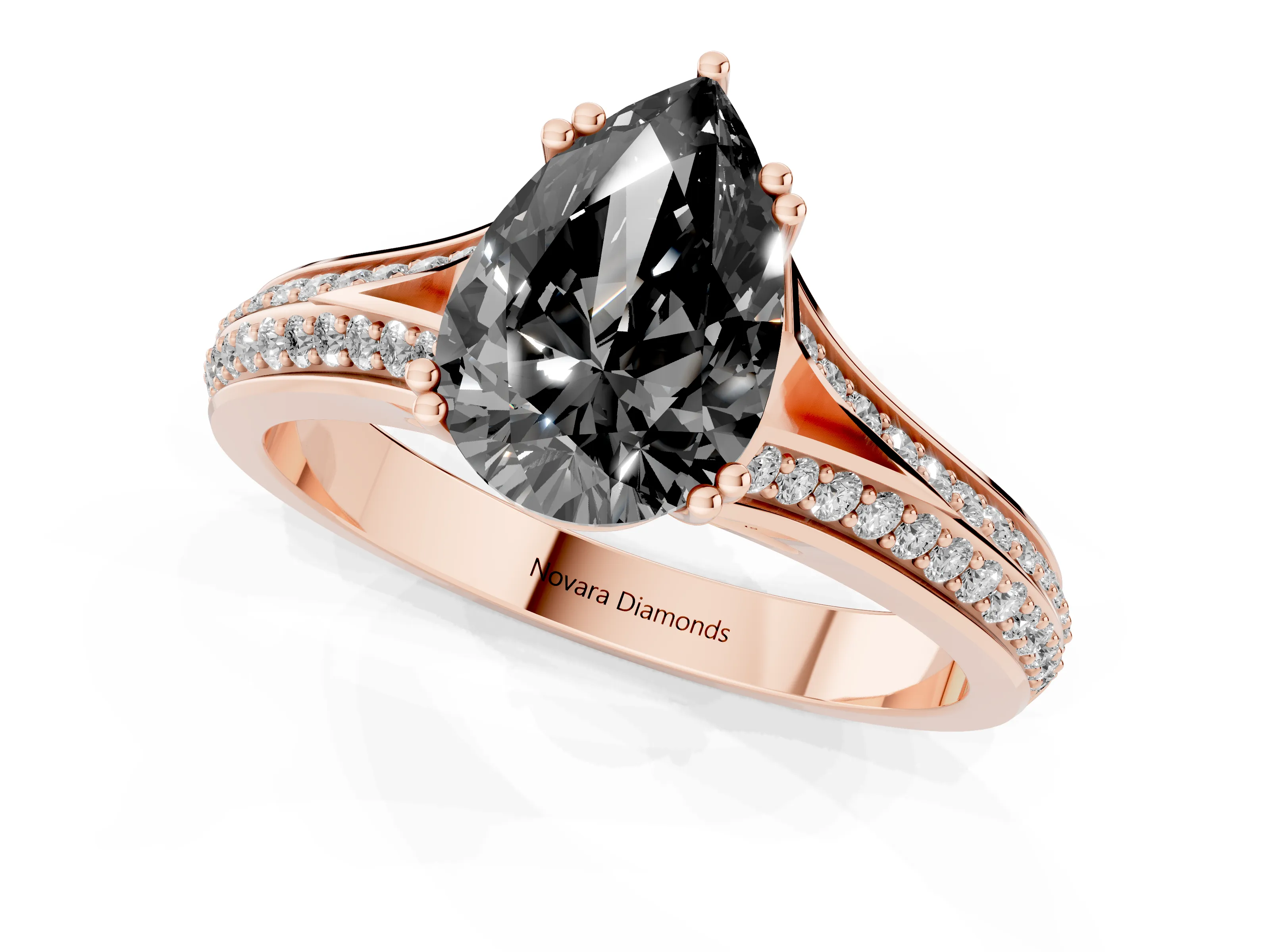 Fancy Black Pear Cut Diamond Split Shank Pavé Engagement Ring Set in Rose gold with Prong-Set Center Stone