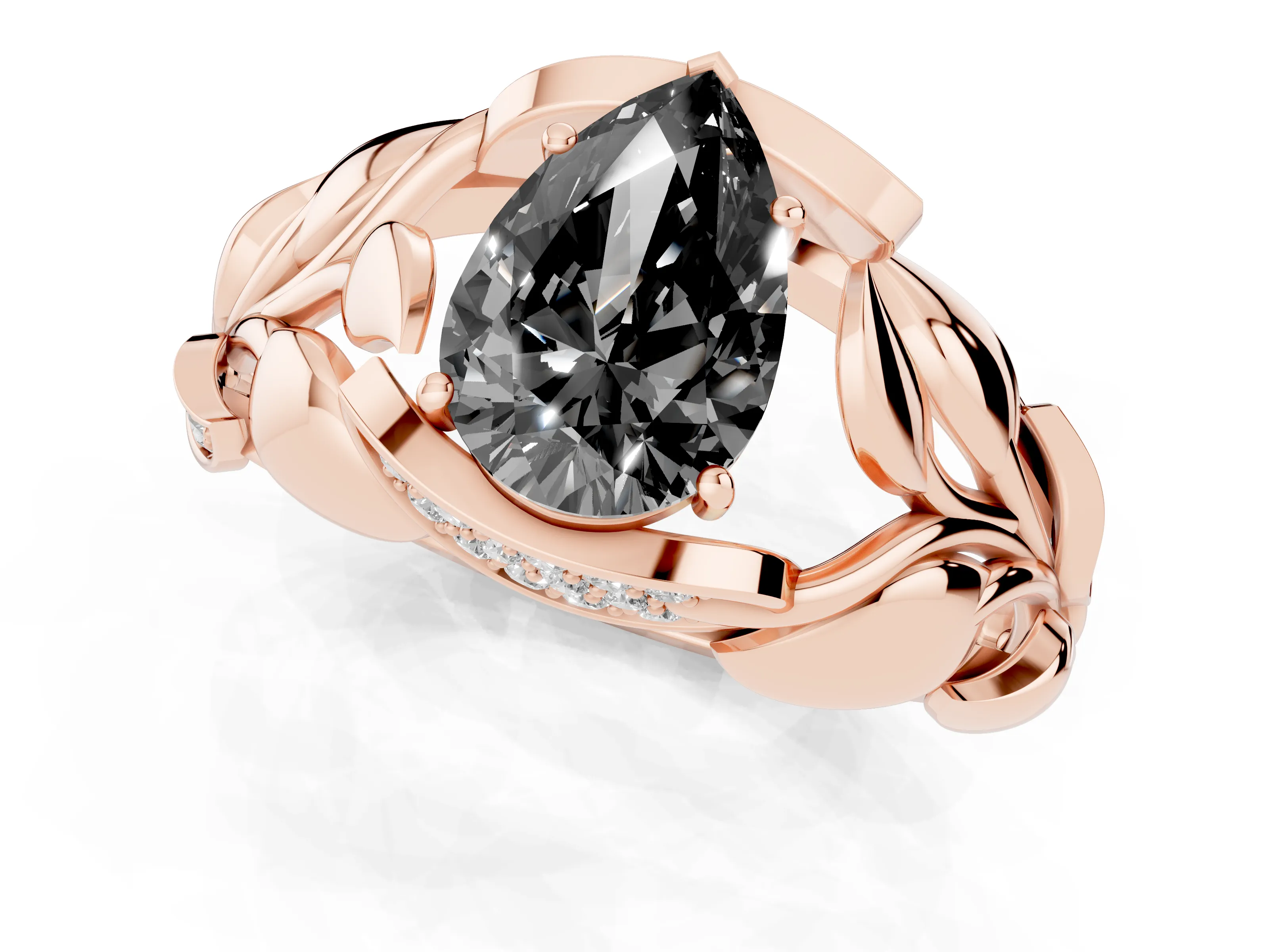 Fancy Black Pear Cut Diamond Leaf-Inspired Engagement Ring Set in Rose gold with Round Accents