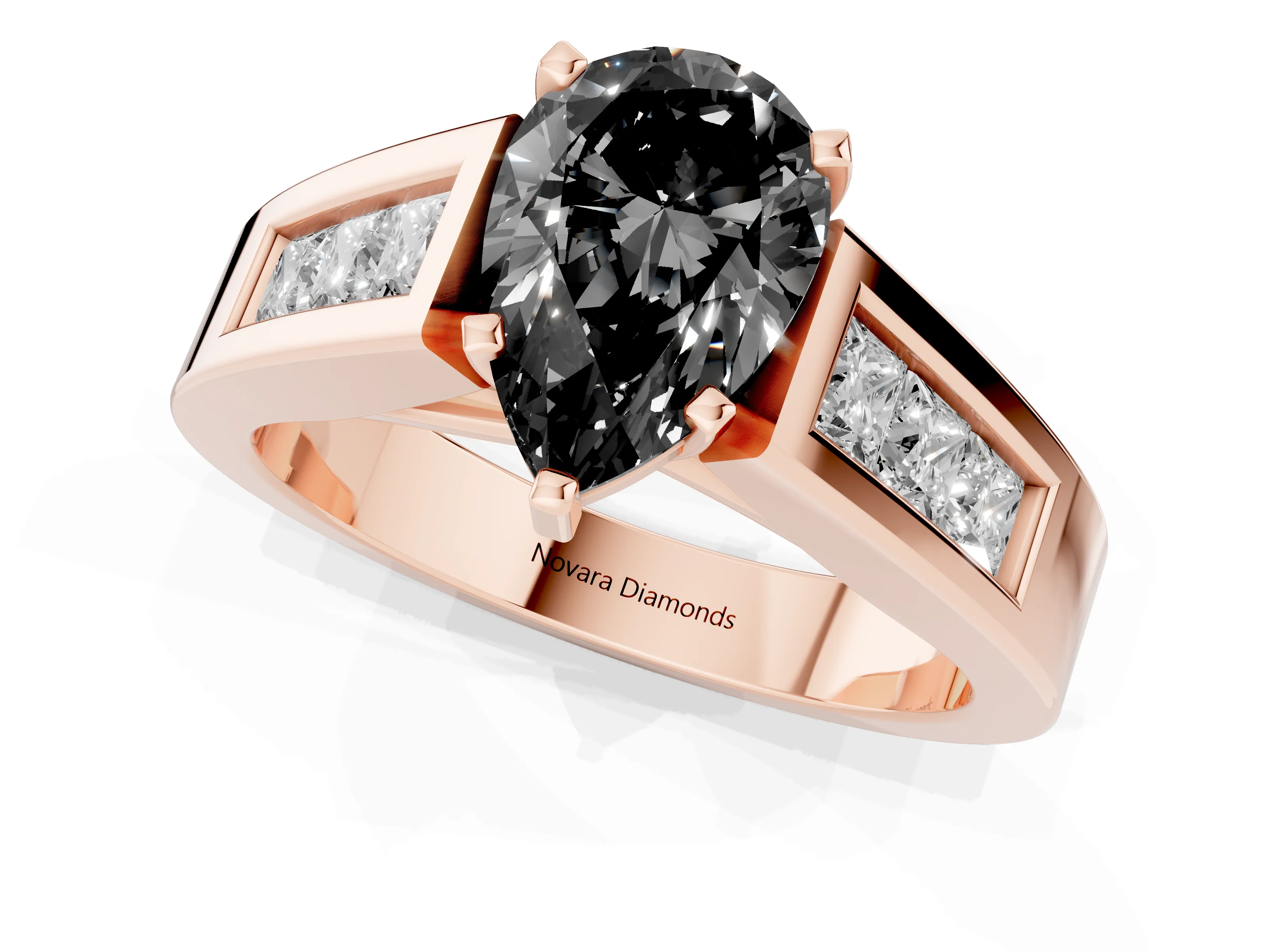 Fancy Black Pear Cut Diamond Solitaire Ring Set in Rose gold with Channel-Set Accent Stones and Prong Setting