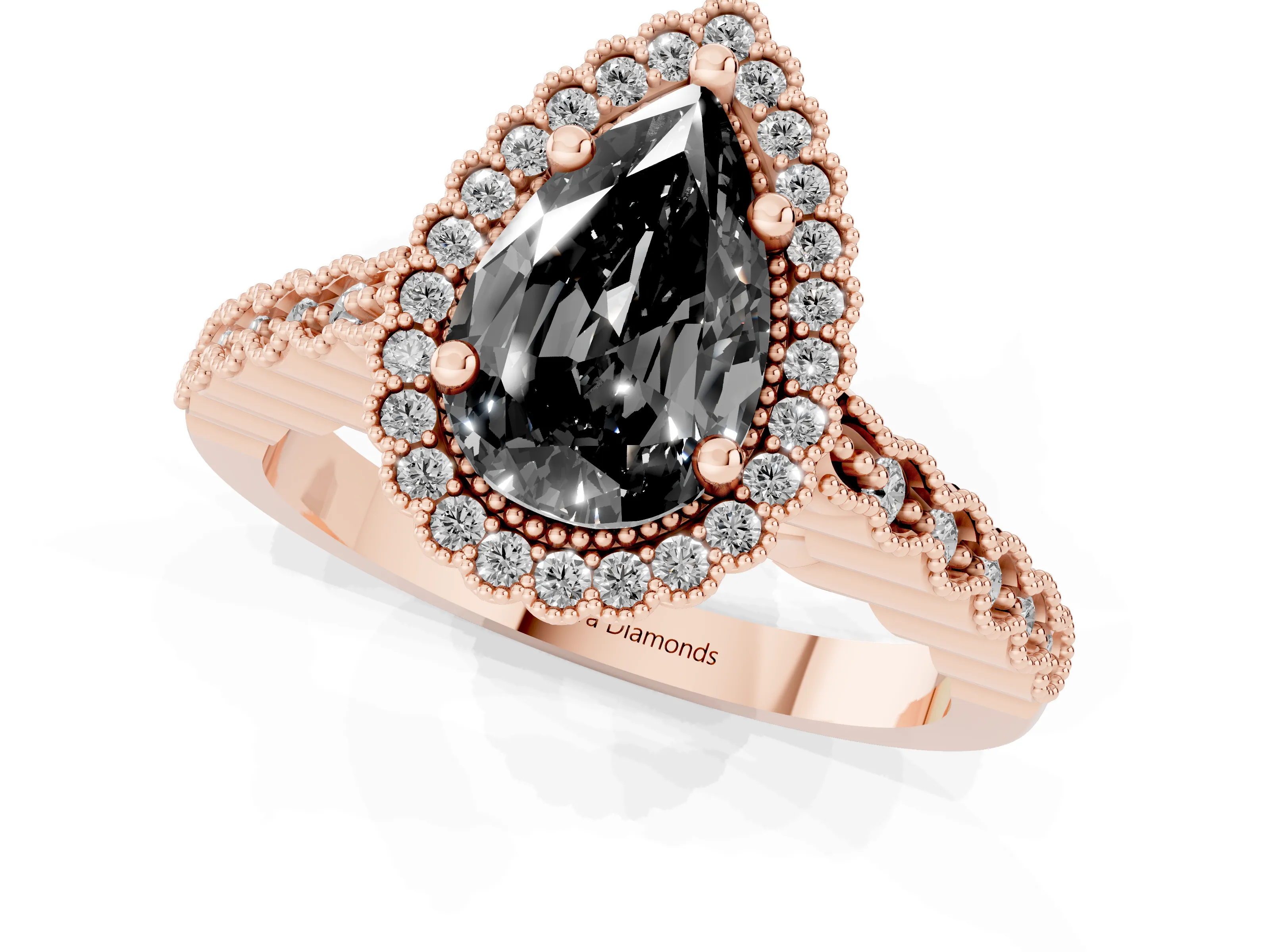 Fancy Black Pear Cut Diamond Halo Ring Set in Rose gold with Pavé Milgrain Band