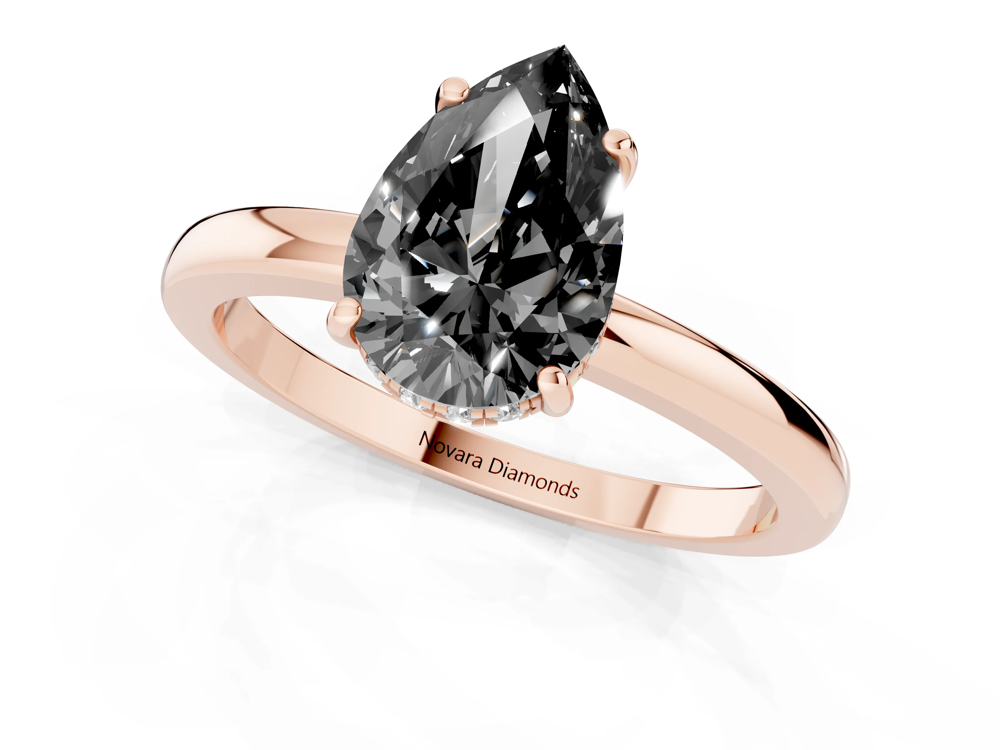 Fancy Black Pear Cut Diamond Solitaire Ring Set in Rose gold with Plain Band and Prong Setting