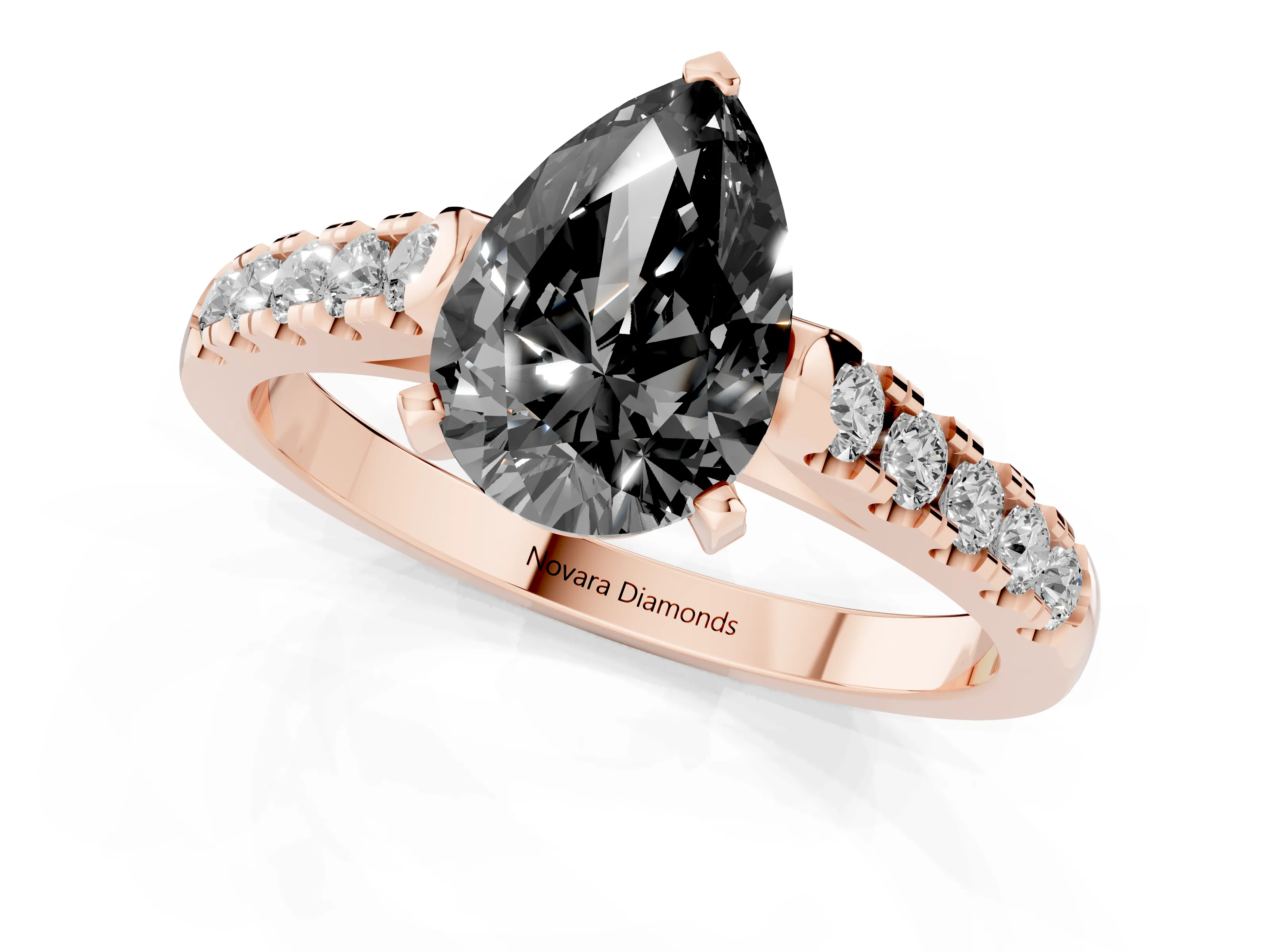 Fancy Black Pear Cut Diamond Pavé Band Solitaire Ring Set in Rose gold with Partway Accent Stones and Prong Setting