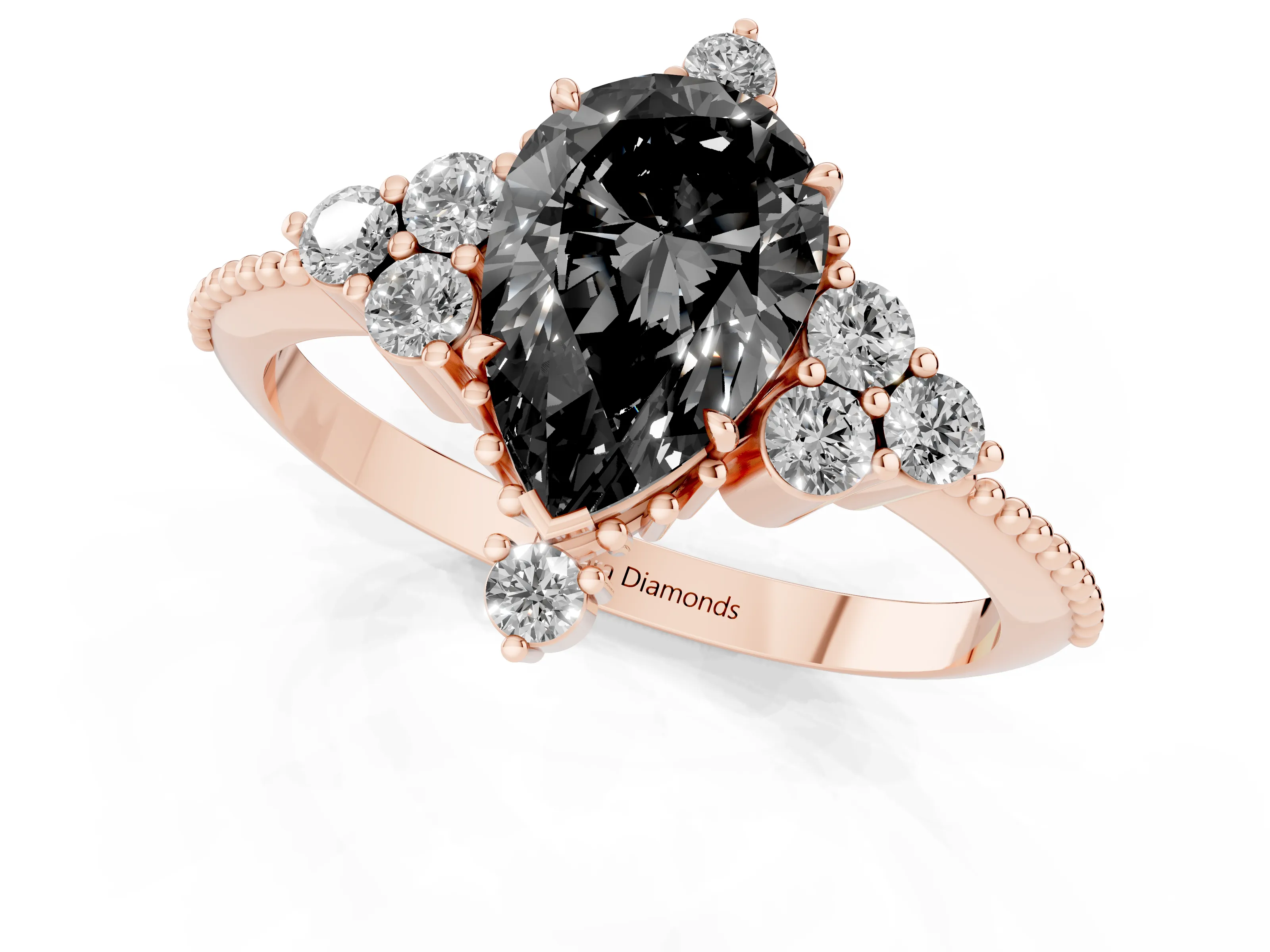 Fancy Black Pear Cut Diamond Cluster Ring Set in Rose gold with Beaded Band