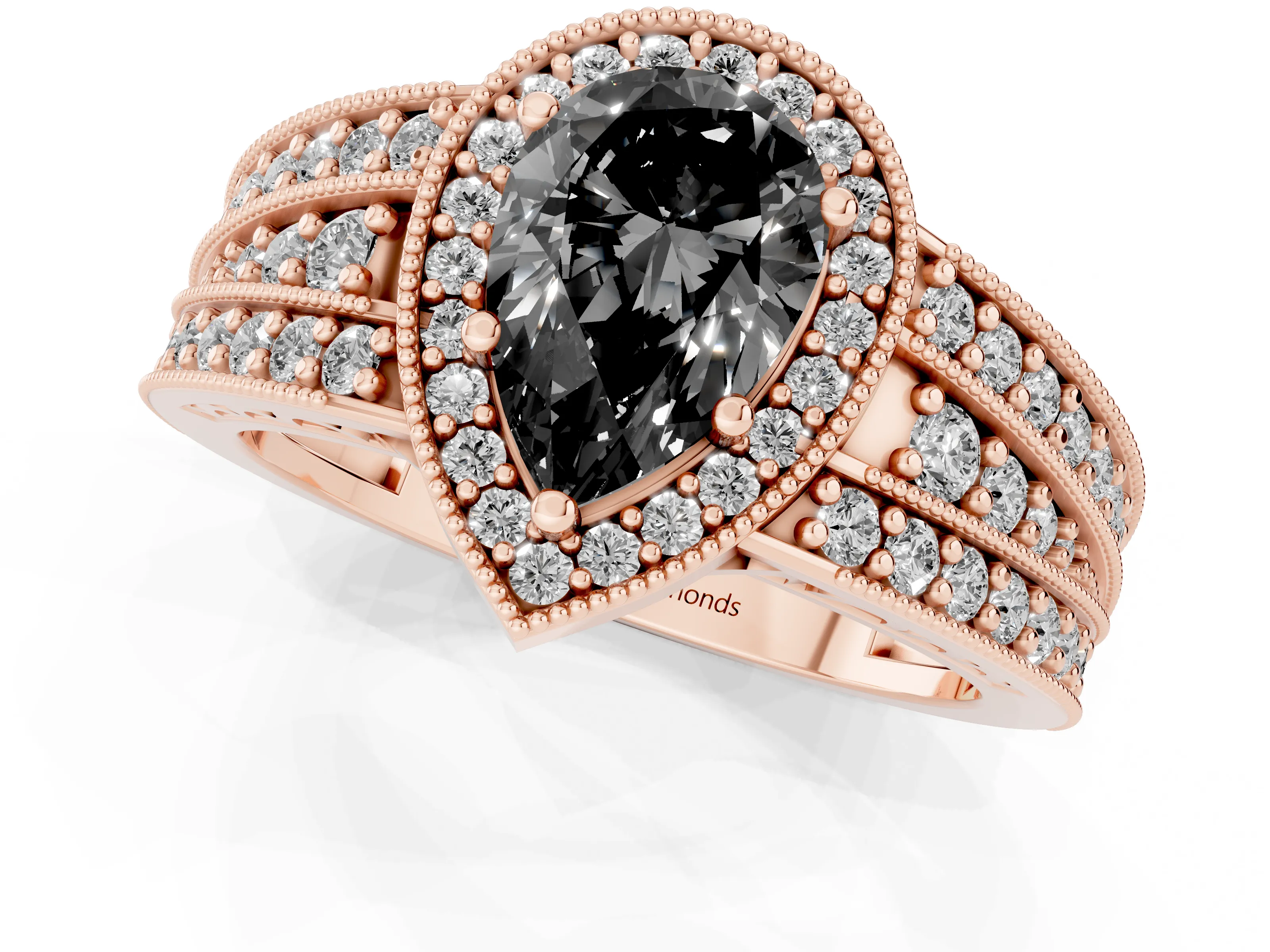 Fancy Black Pear Cut Diamond Halo Ring Set in Rose gold with Accent Split Shank and Prong Setting