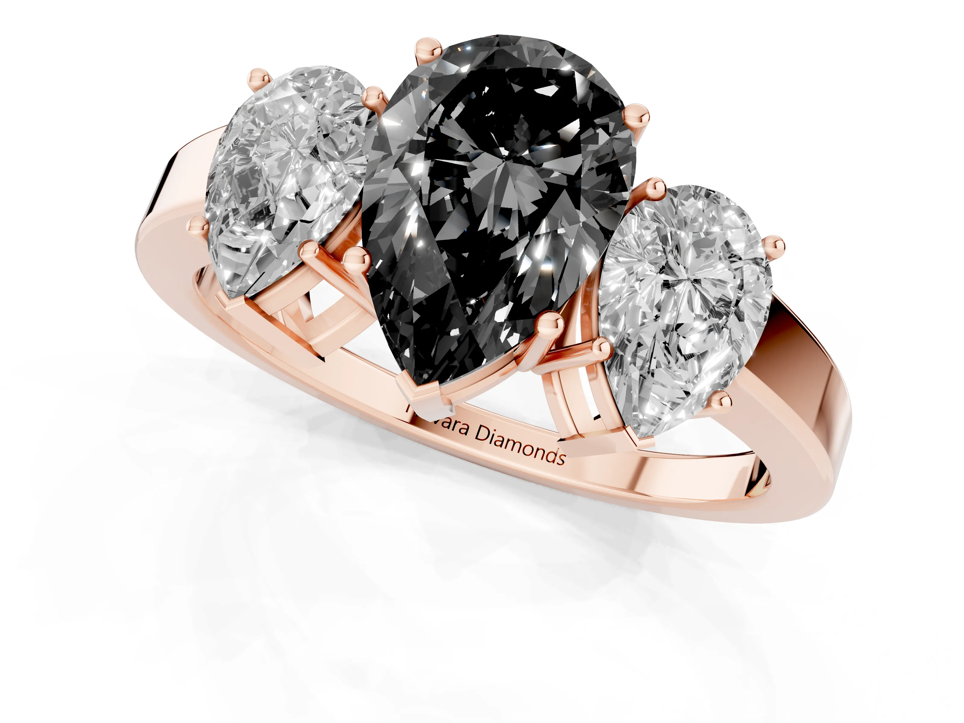 Fancy Black Pear Cut Diamond Three-Stone Engagement Ring Set in Rose gold with Flat Band