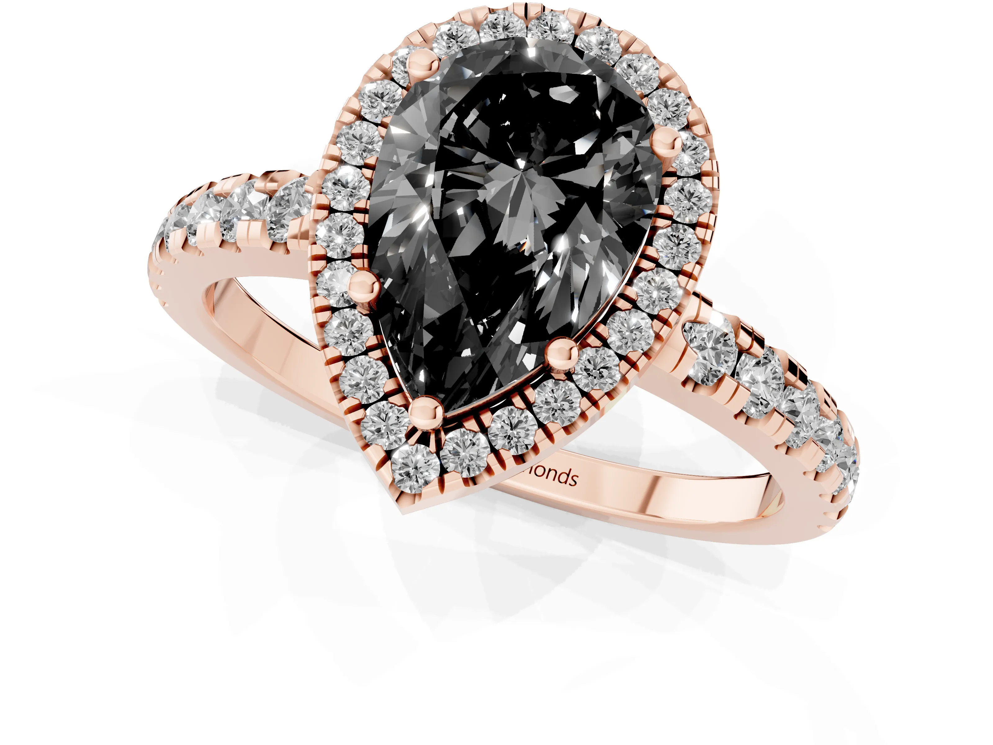 Fancy Black Pear Cut Diamond Halo Ring Set in Rose gold with Delicate Pavé Band and Prong Setting