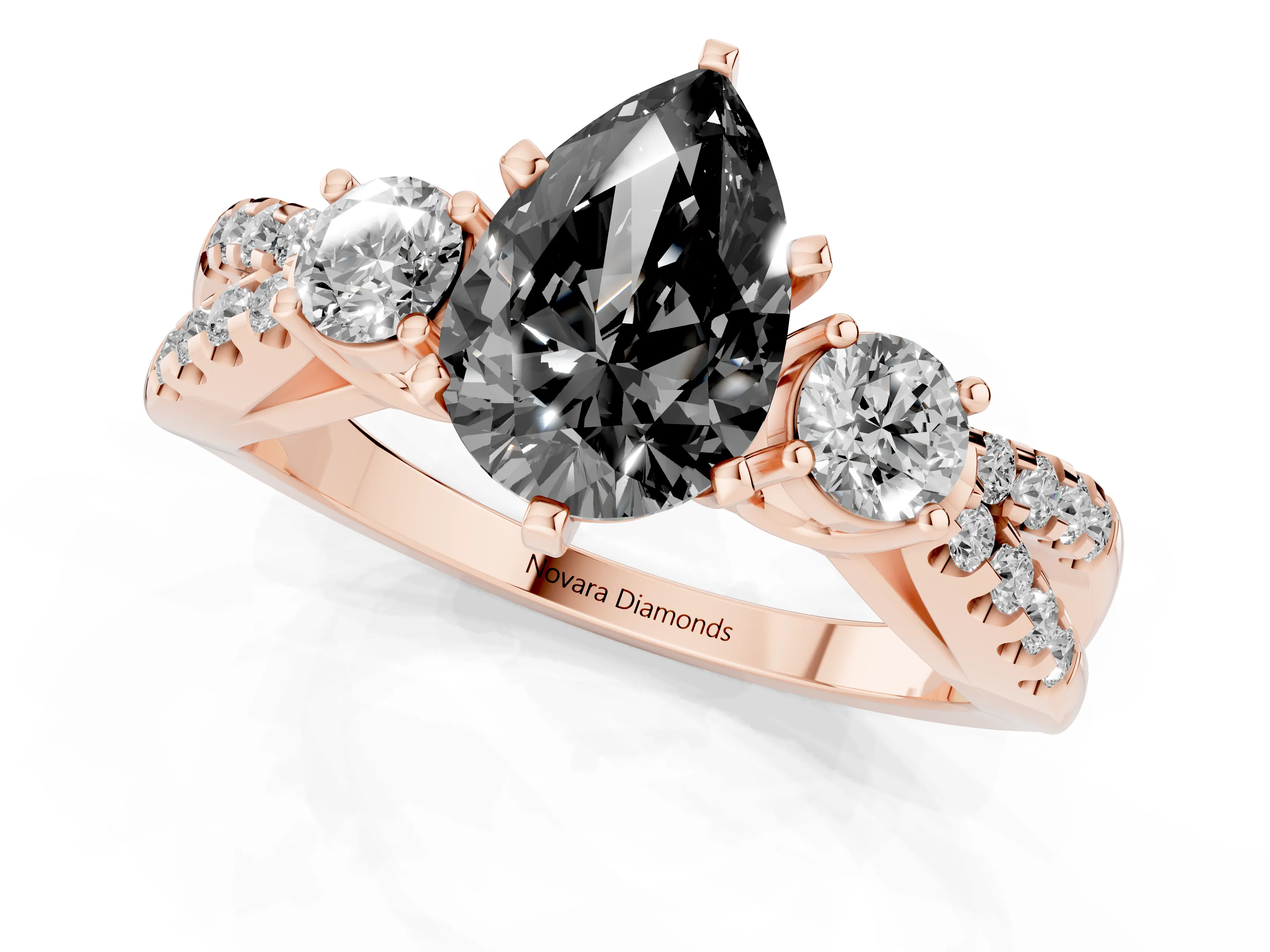 Fancy Black Pear Cut Diamond Three-Stone Ring Set in Rose gold with Pavé Split Shank and Prong Setting