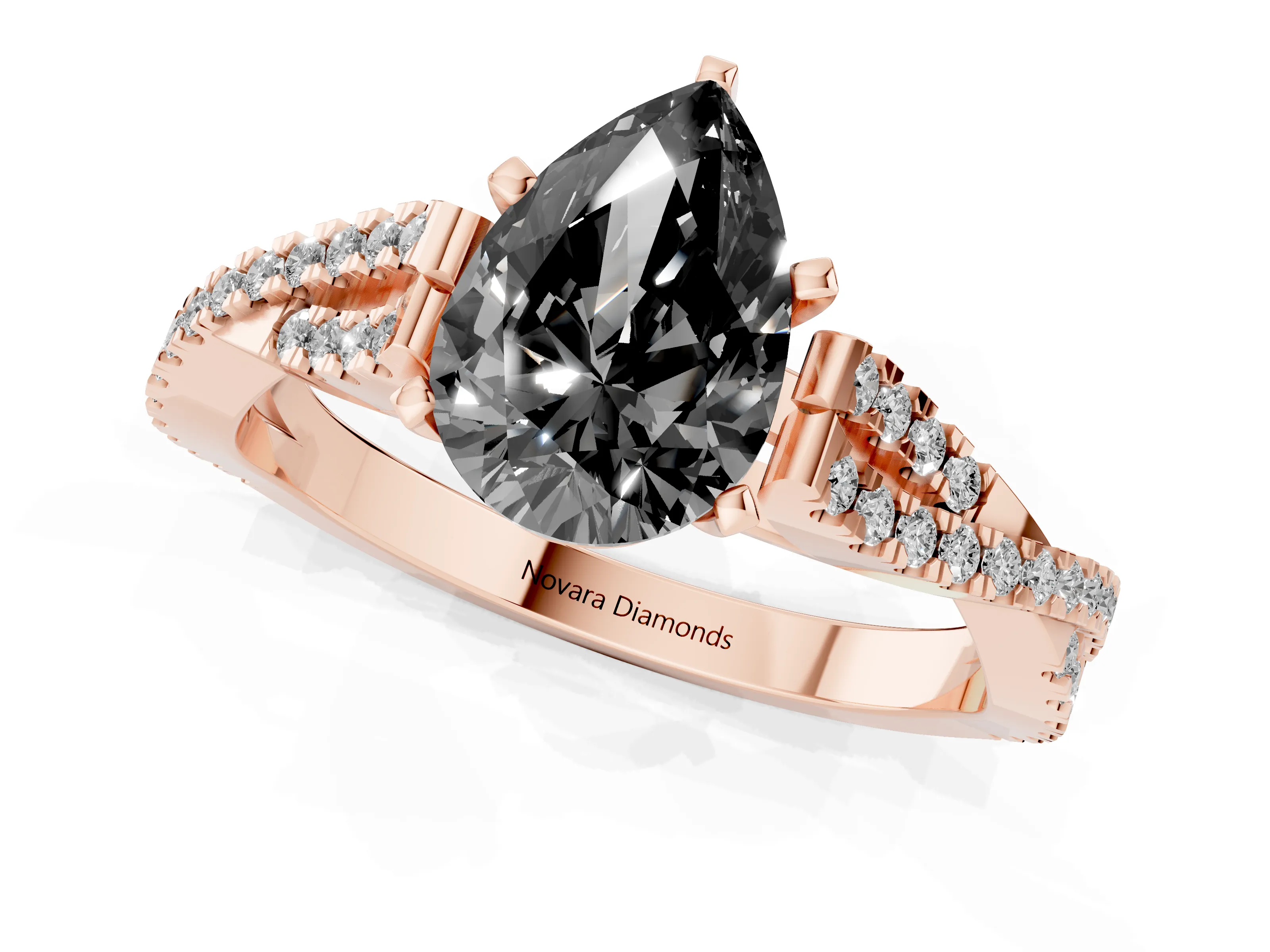Fancy Black Pear Cut Diamond Solitaire Engagement Ring Set in Rose gold with Twisted Pavé Band and Prong Setting