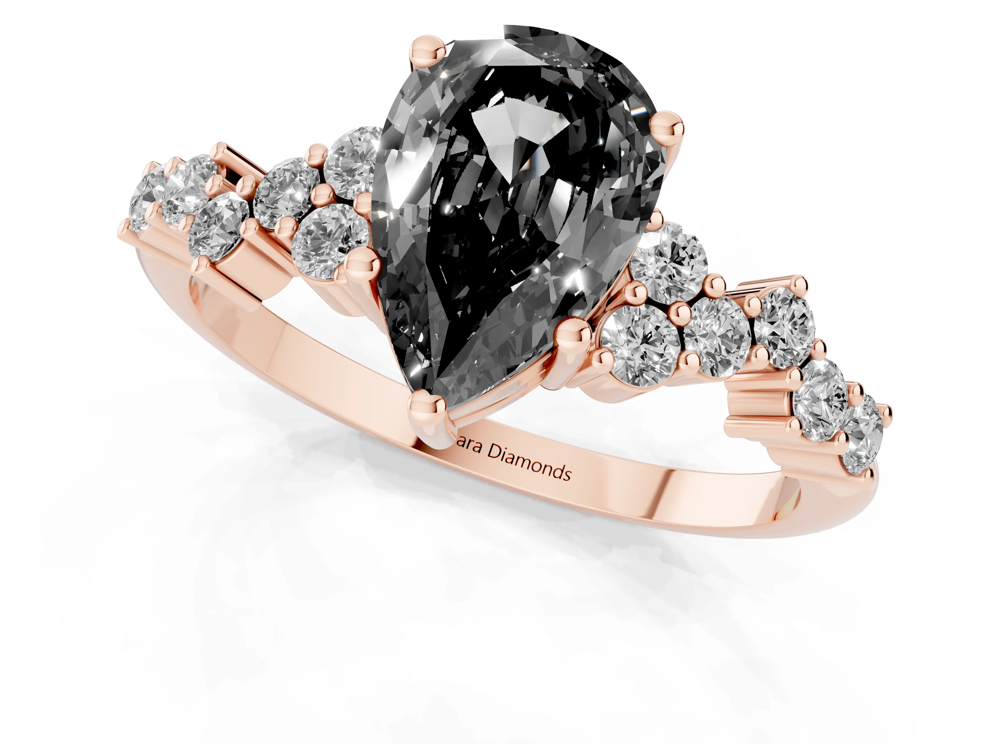 Fancy Black Pear Cut Diamond Ring Set in Rose gold with Scattered Round Accents