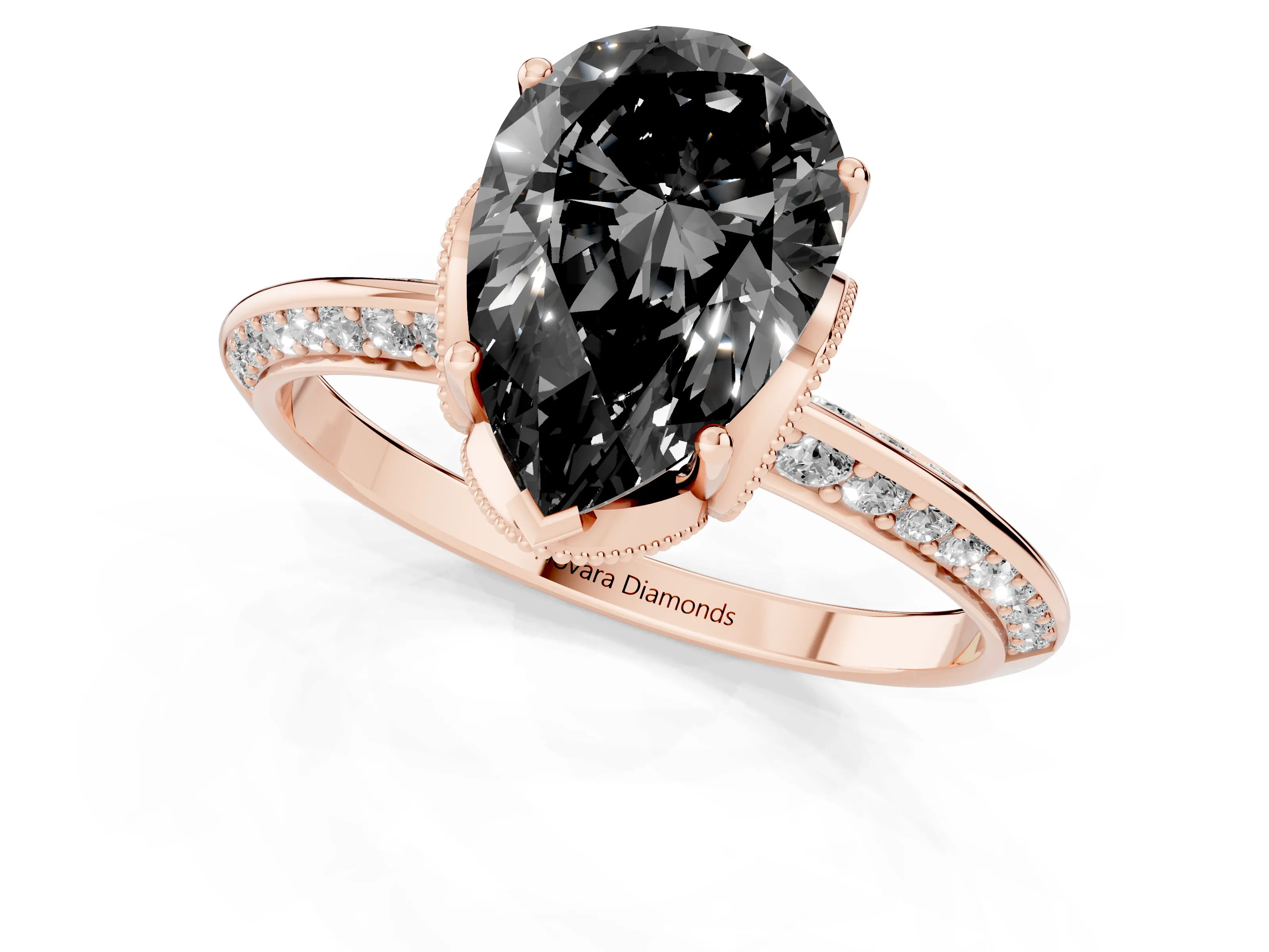 Fancy Black Pear Cut Diamond Solitaire Engagement Ring Set in Rose gold with Pavé Split Shank and Prong Setting