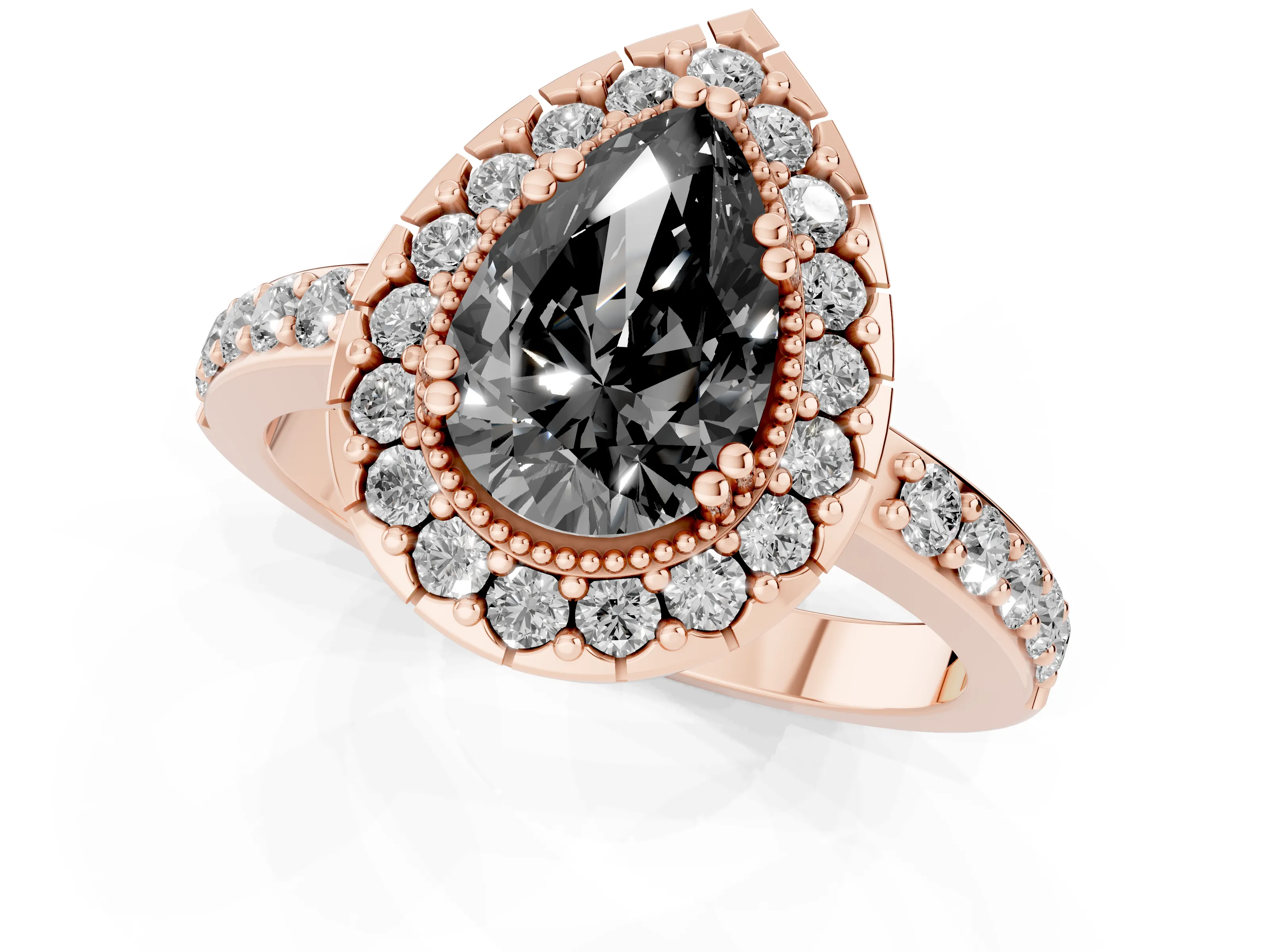 Fancy Black Pear Cut Diamond Halo Ring Set in Rose gold with Pavé Shank and Prong Setting