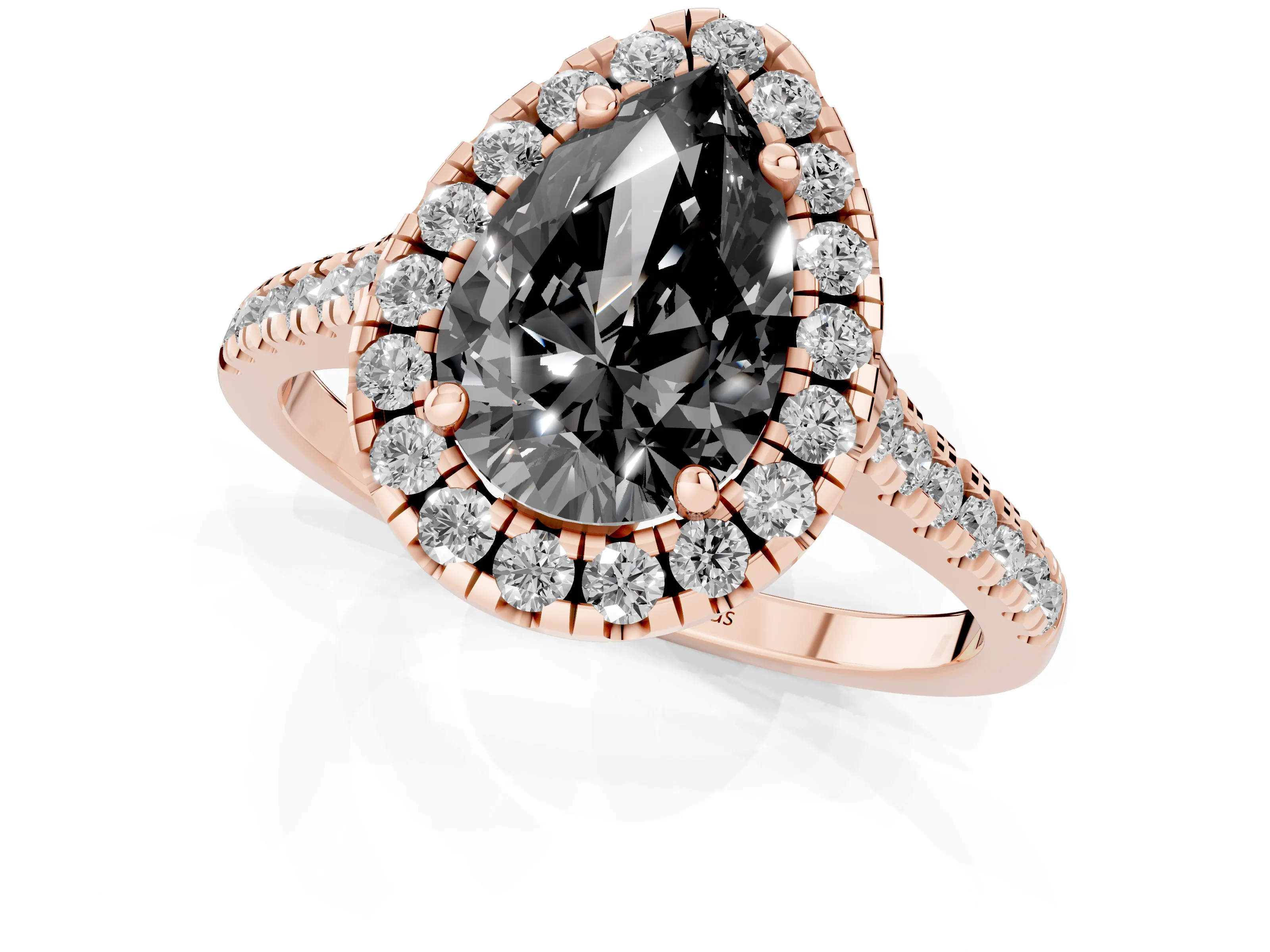 Fancy Black Pear Cut Diamond Cushion Halo Ring Set in Rose gold with Pavé Band