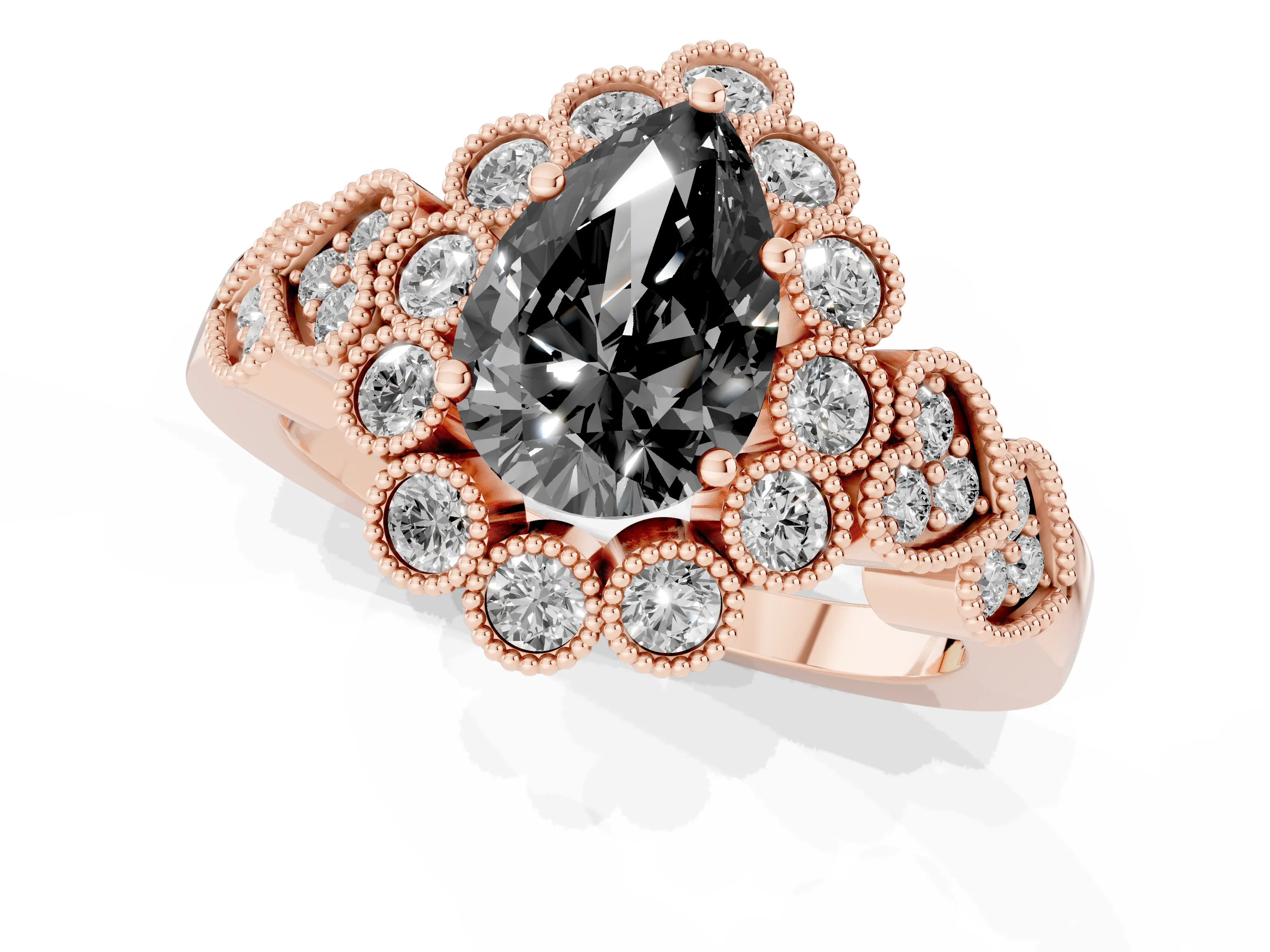 Fancy Black Pear Cut Diamond Solitaire Ring Set in Rose gold with Milgrain Pavé Heart Band