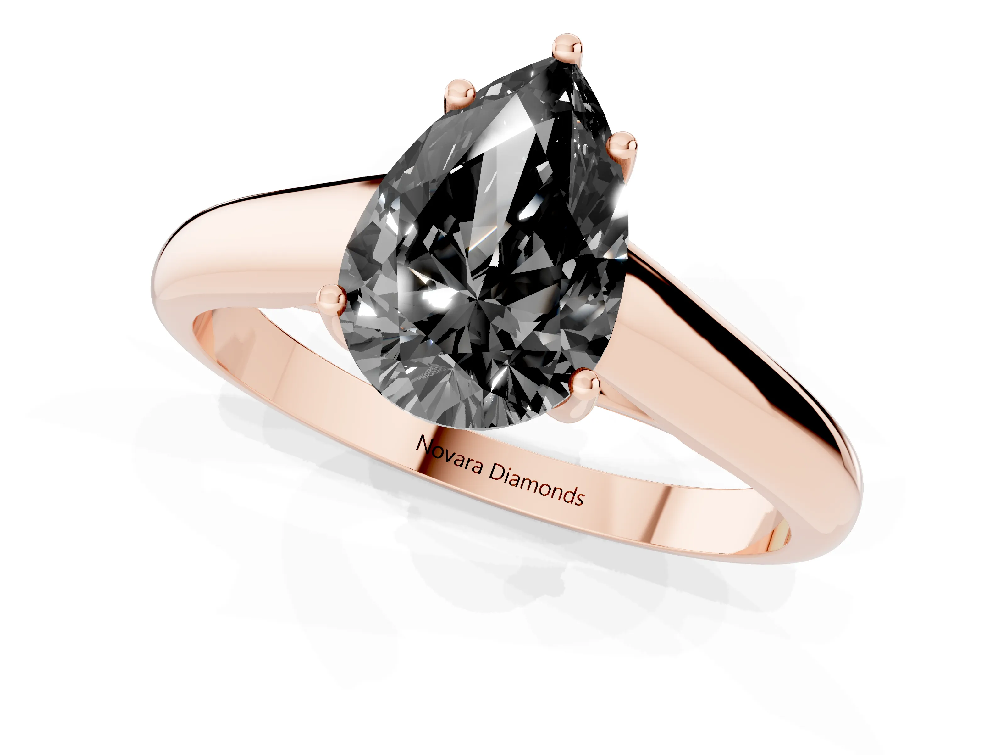 Fancy Black Pear Cut Diamond Solitaire Engagement Ring Set in Rose gold with Subtly Tapered Band and Prong Setting