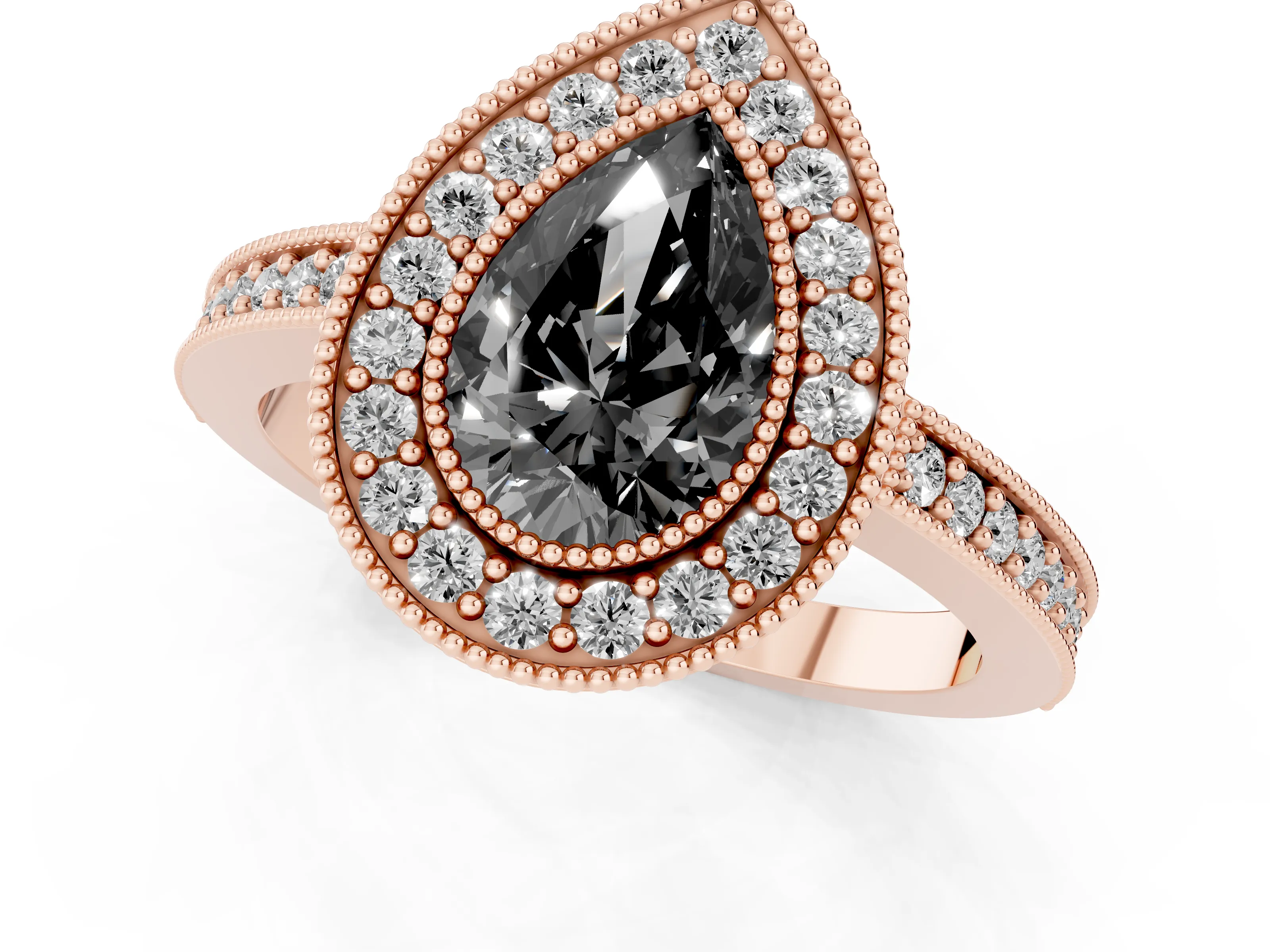 Fancy Black Pear Cut Diamond Halo Engagement Ring Set in Rose gold with Pavé Band and Round Halo Stones
