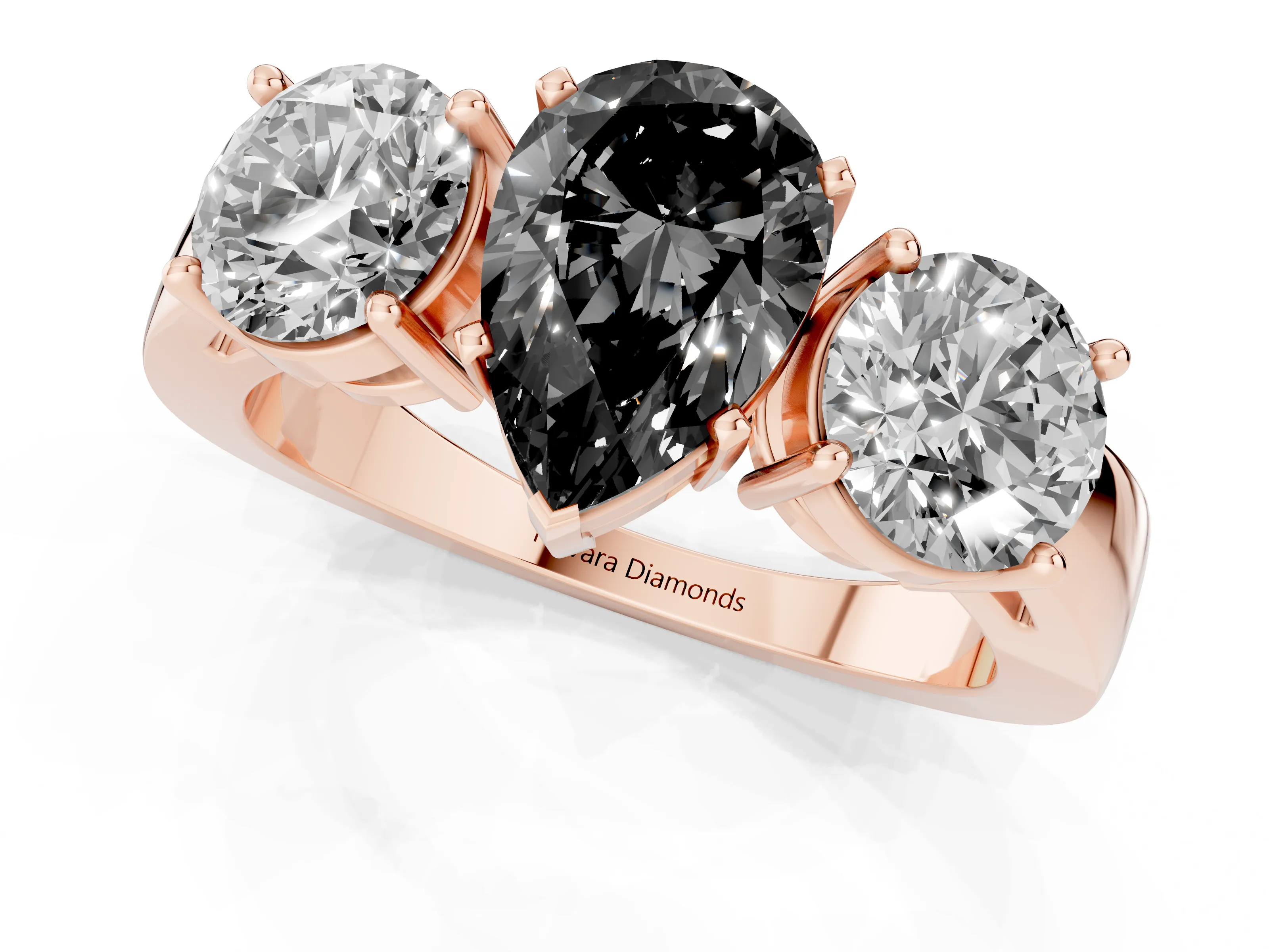Fancy Black Pear Cut Diamond Three-Stone Ring Set in Rose gold with Round Side Stones and Classic Band
