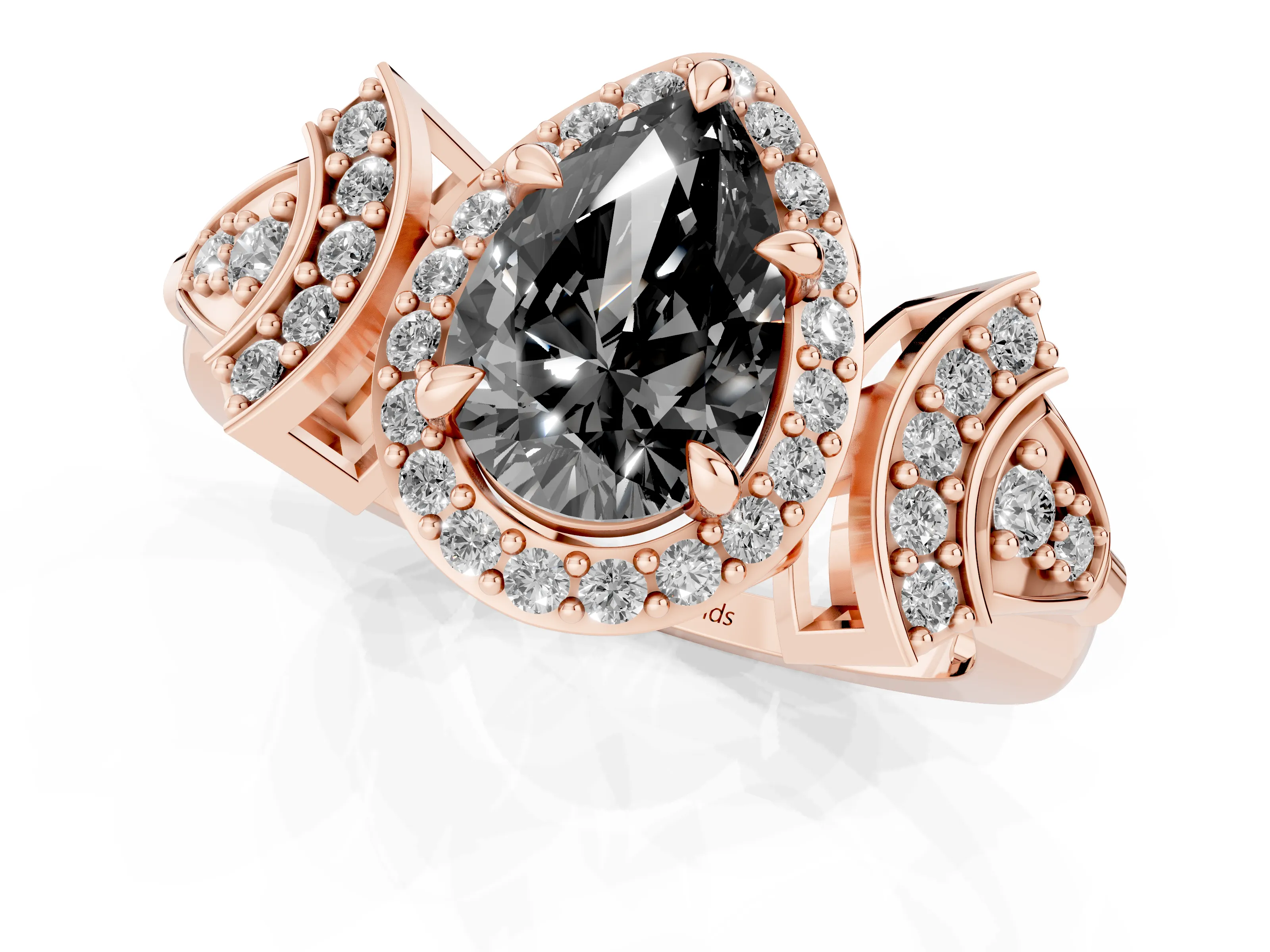 Fancy Black Pear Cut Diamond Halo Engagement Ring Set in Rose gold with Accent Stone Split Shank