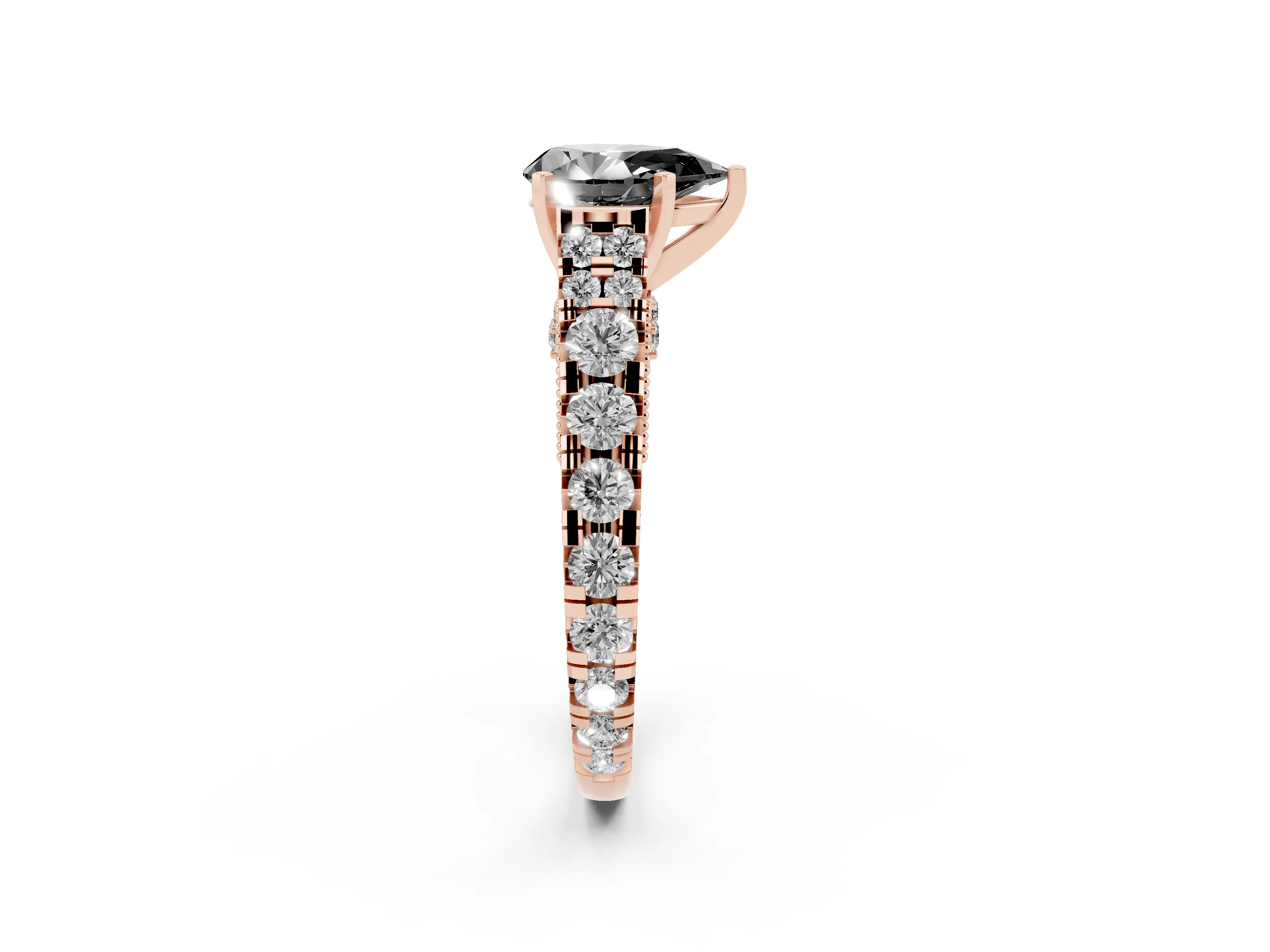 Fancy Black Pear Cut Diamond Classic Solitaire Ring Set in Rose gold with Pavé Band and Prong Setting