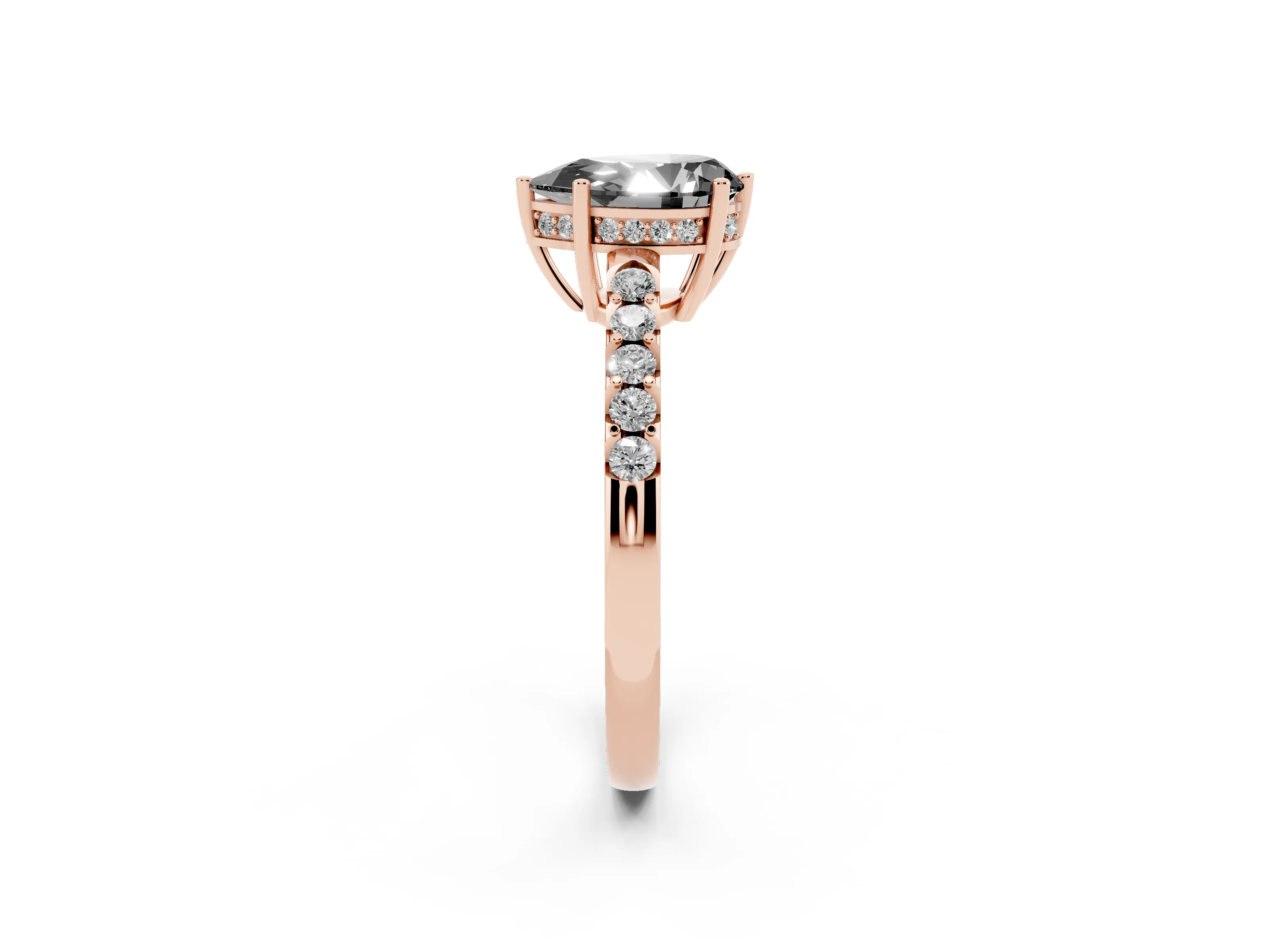 Fancy Black Pear Cut Diamond Solitaire Engagement Ring Set in Rose gold with Pavé Band and Prong Setting