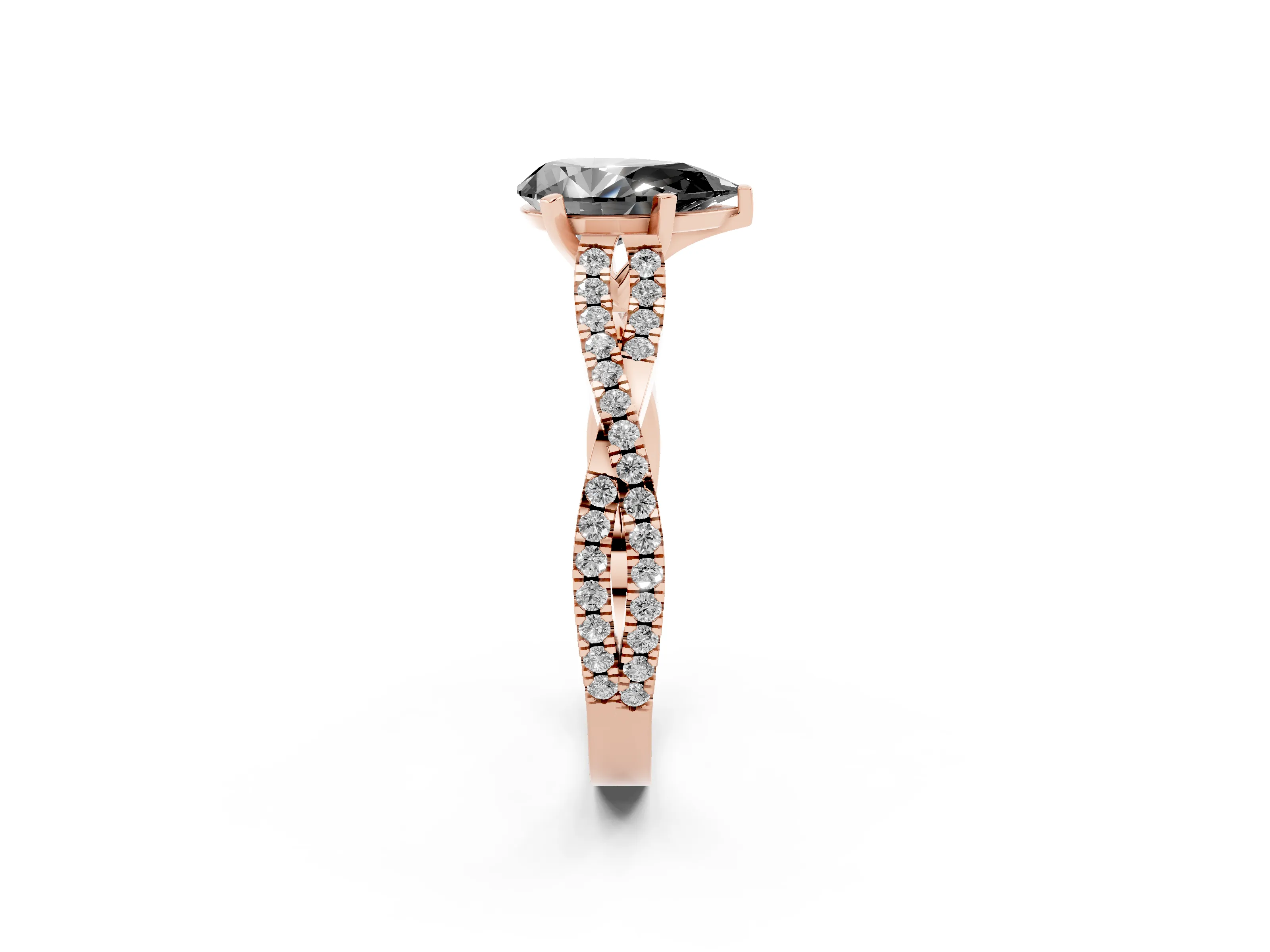 Fancy Black Pear Cut Diamond Solitaire Engagement Ring Set in Rose gold with Twisted Pavé Band and Prong Setting