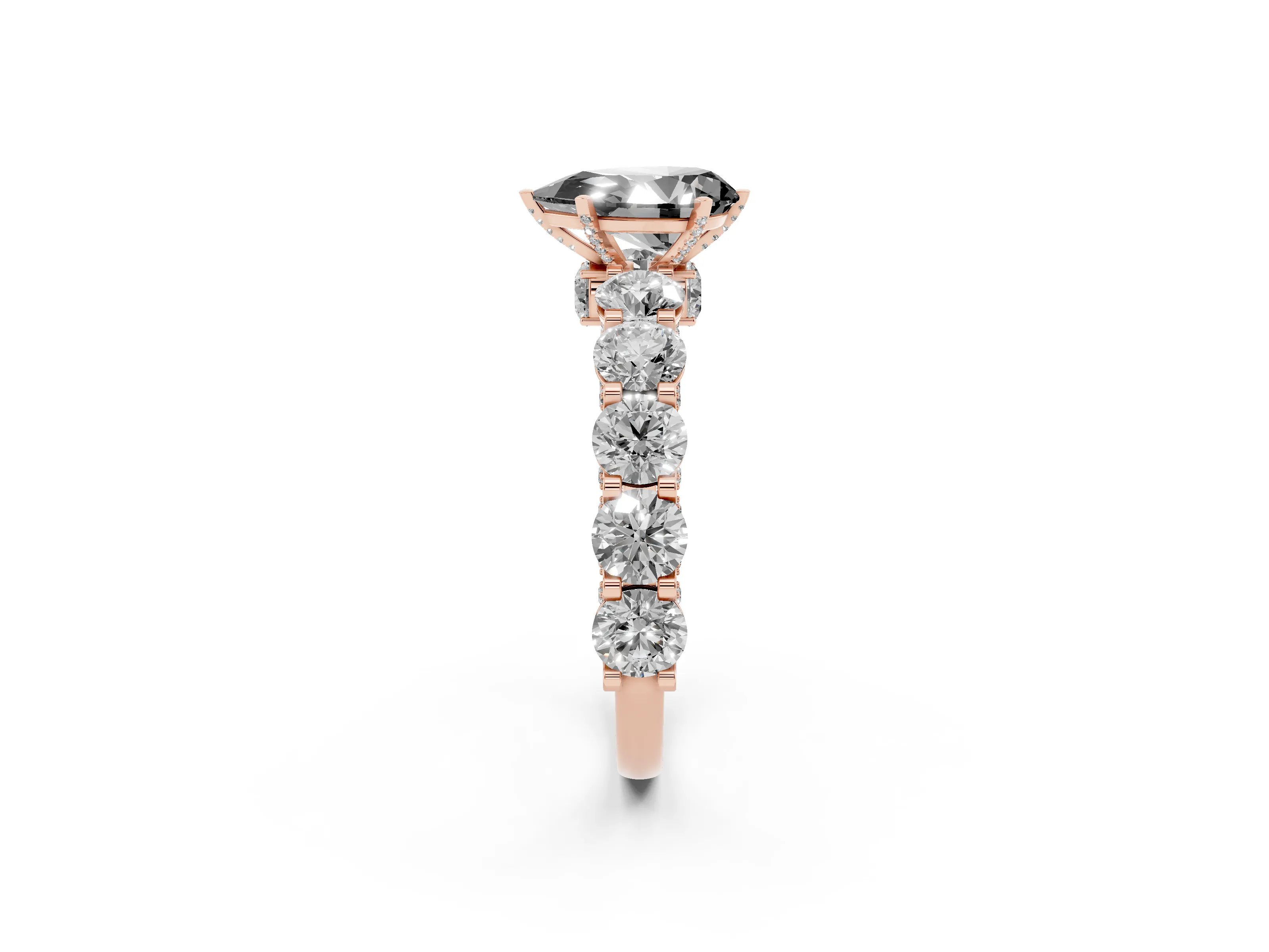 Fancy Black Pear Cut Diamond Side Stone Ring Set in Rose gold with Alternating Round and Oval Side Stones