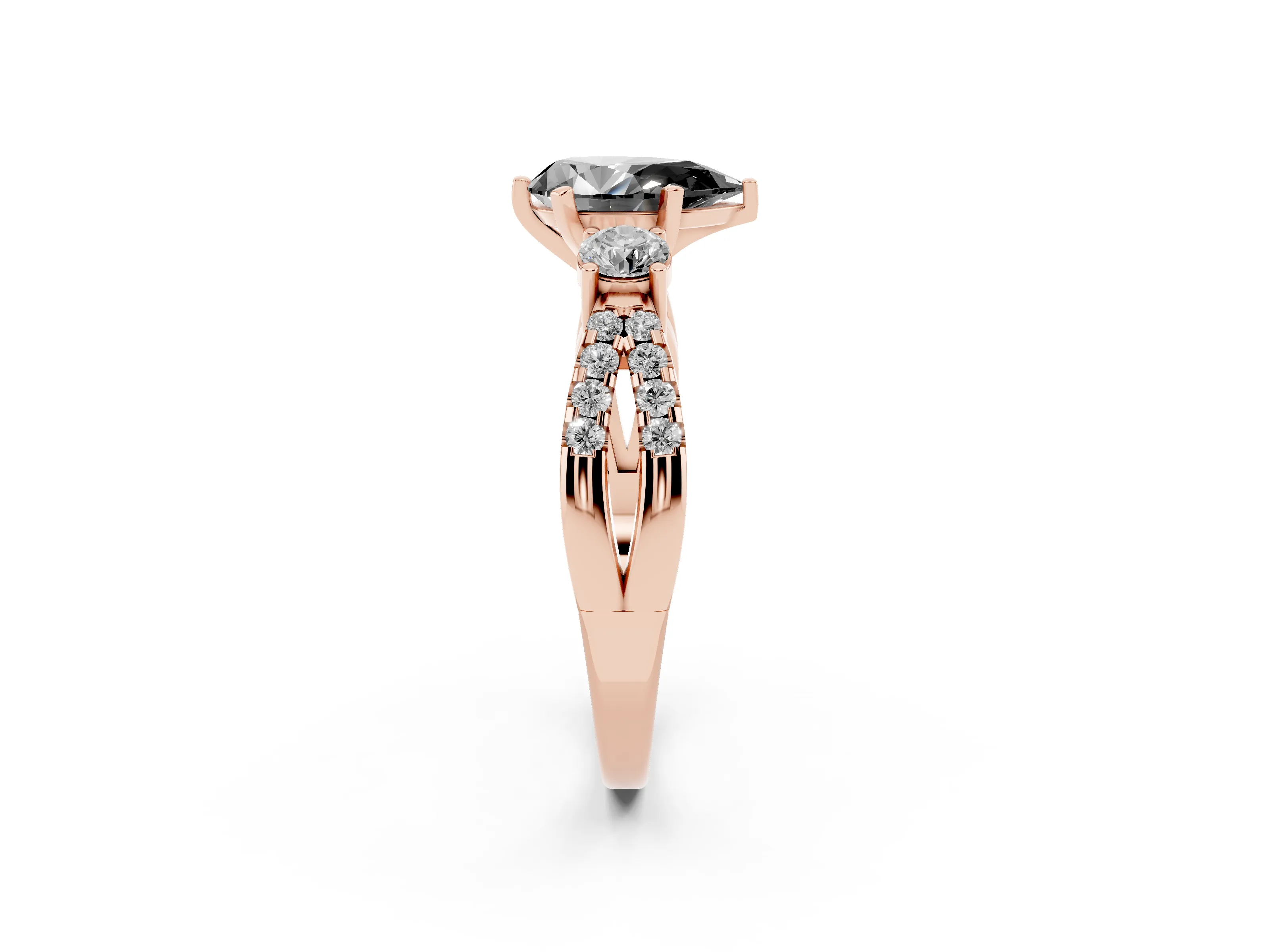 Fancy Black Pear Cut Diamond Three-Stone Ring Set in Rose gold with Pavé Split Shank and Prong Setting