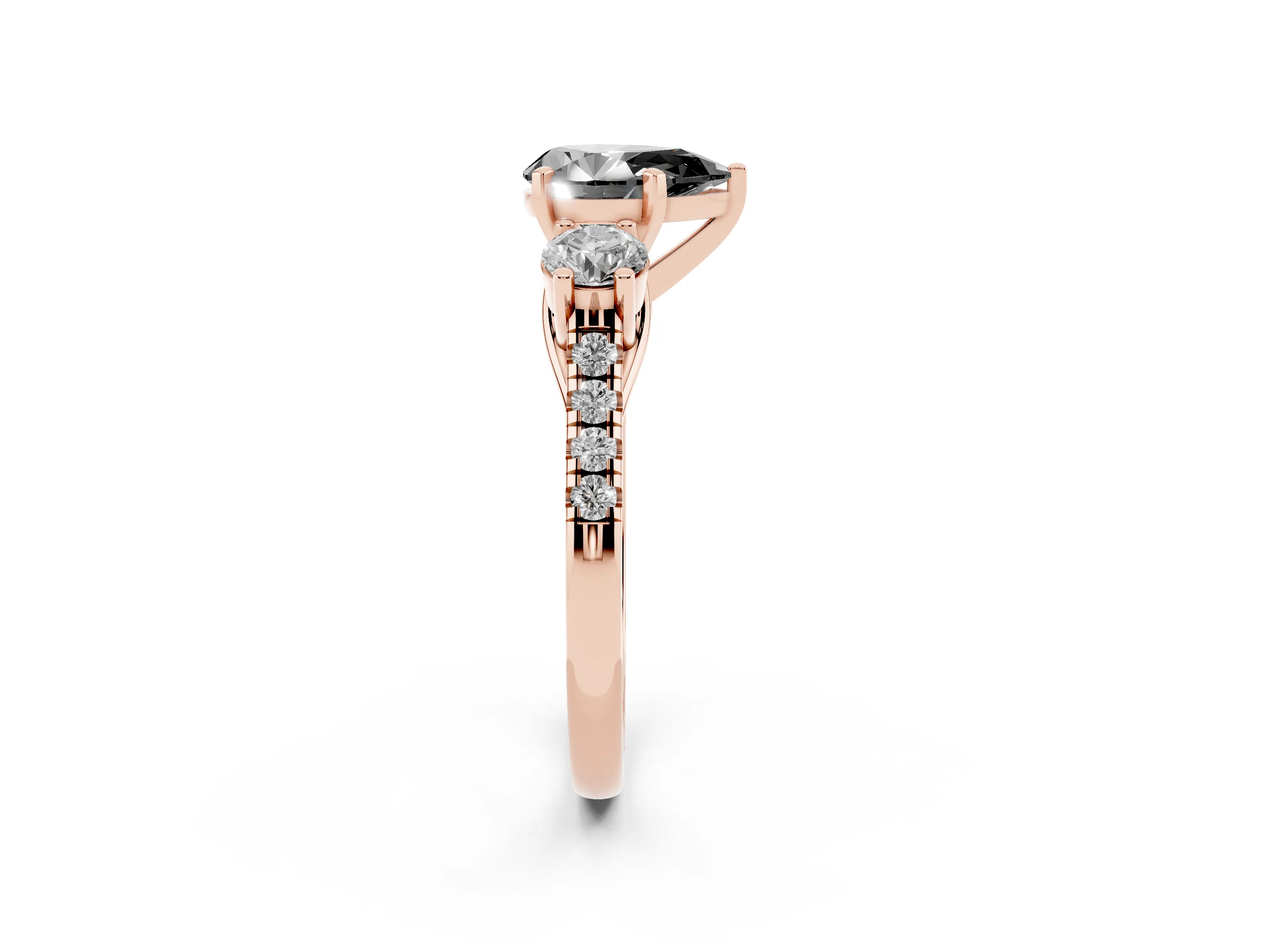 Fancy Black Three-Stone Pear Cut Diamond Pavé Band Ring Set in Rose gold with Prong-Set Trio