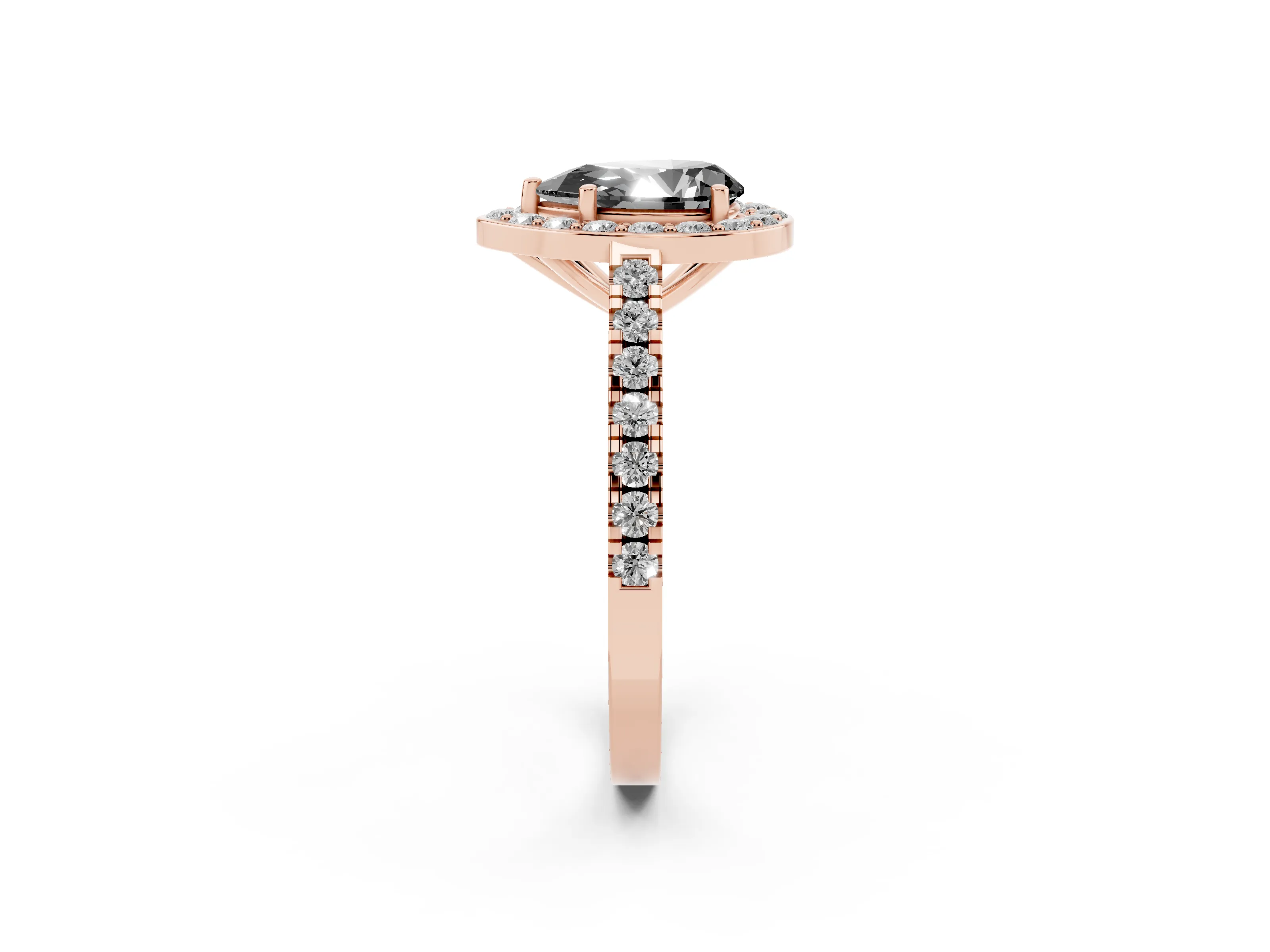 Fancy Black Pear Cut Diamond Halo Ring Set in Rose gold with Round Pavé Split Shank and Prong Setting