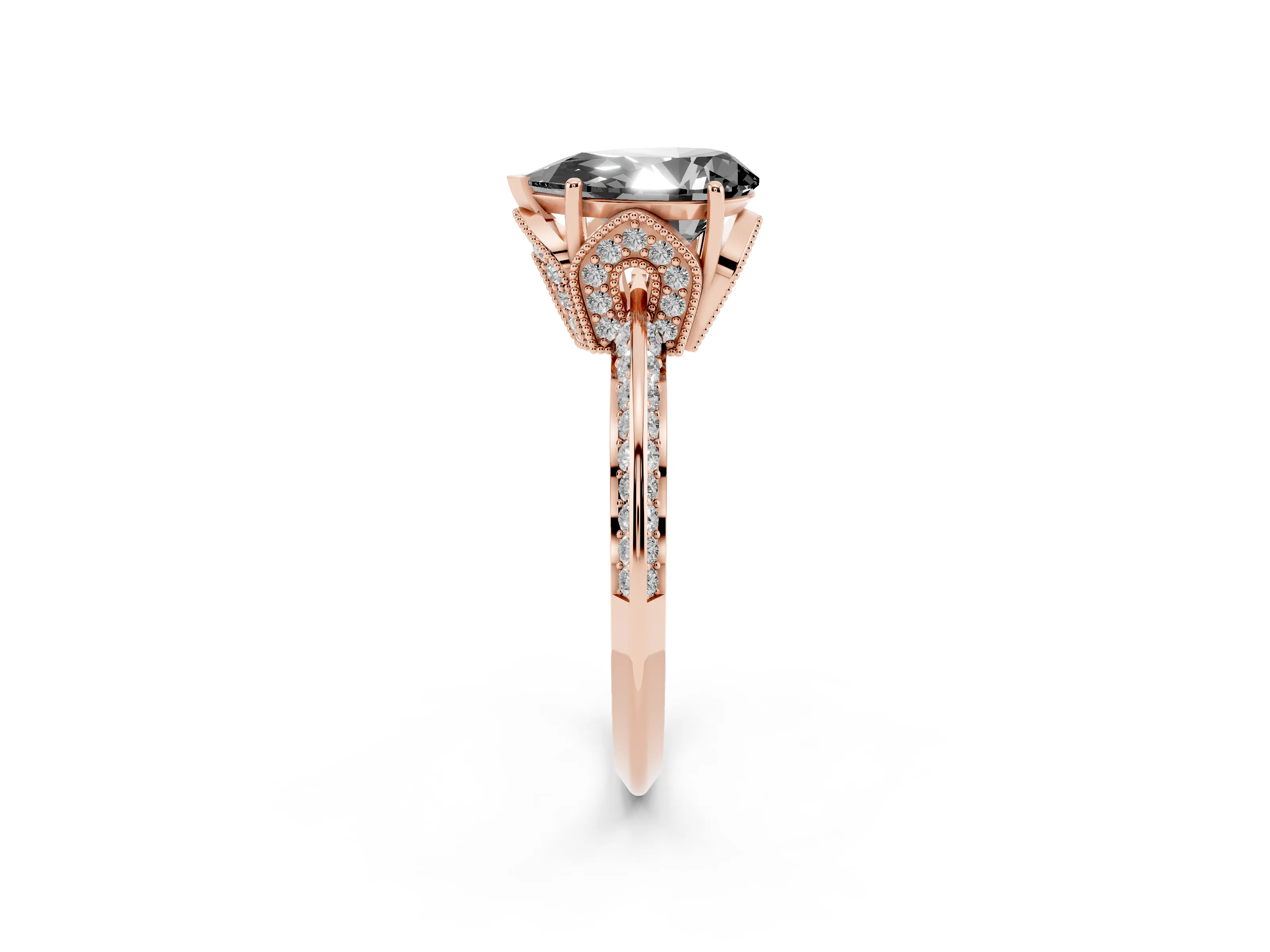 Fancy Black Pear Cut Diamond Solitaire Engagement Ring Set in Rose gold with Pavé Split Shank and Prong Setting