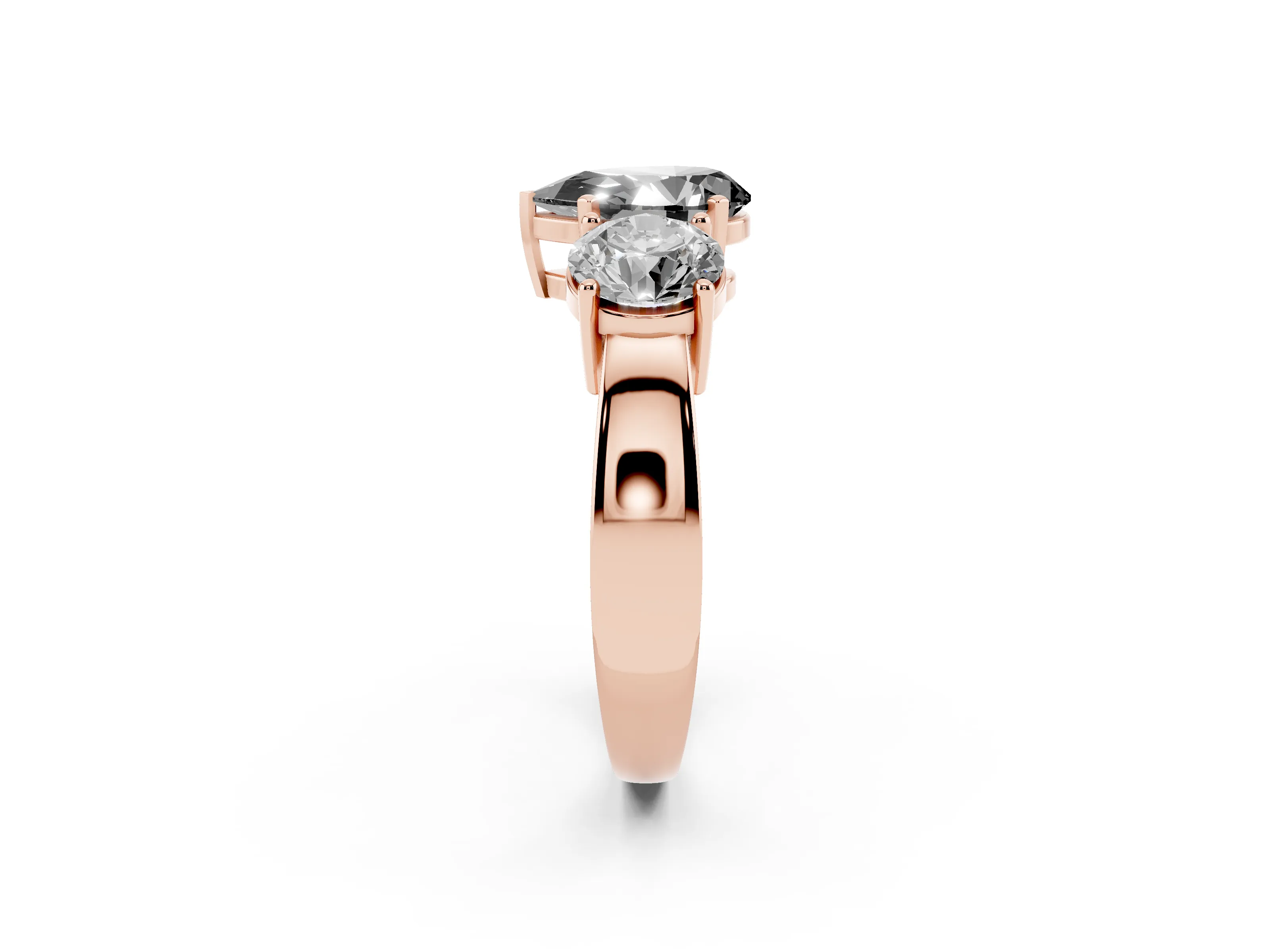 Fancy Black Pear Cut Diamond Three-Stone Ring Set in Rose gold with Round Side Stones and Classic Band