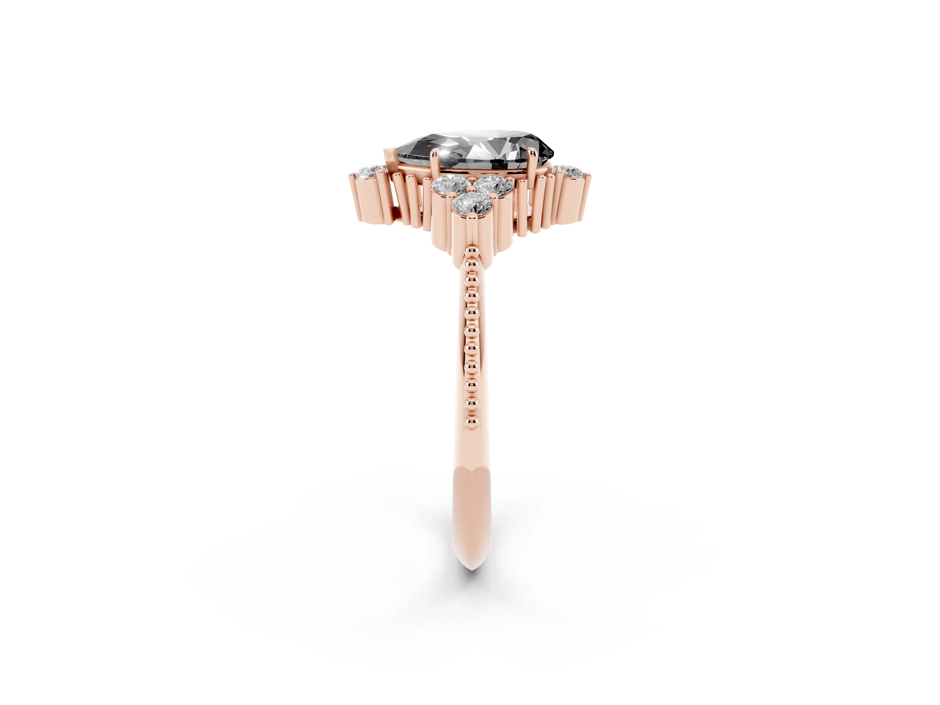 Fancy Black Pear Cut Diamond Cluster Ring Set in Rose gold with Beaded Band