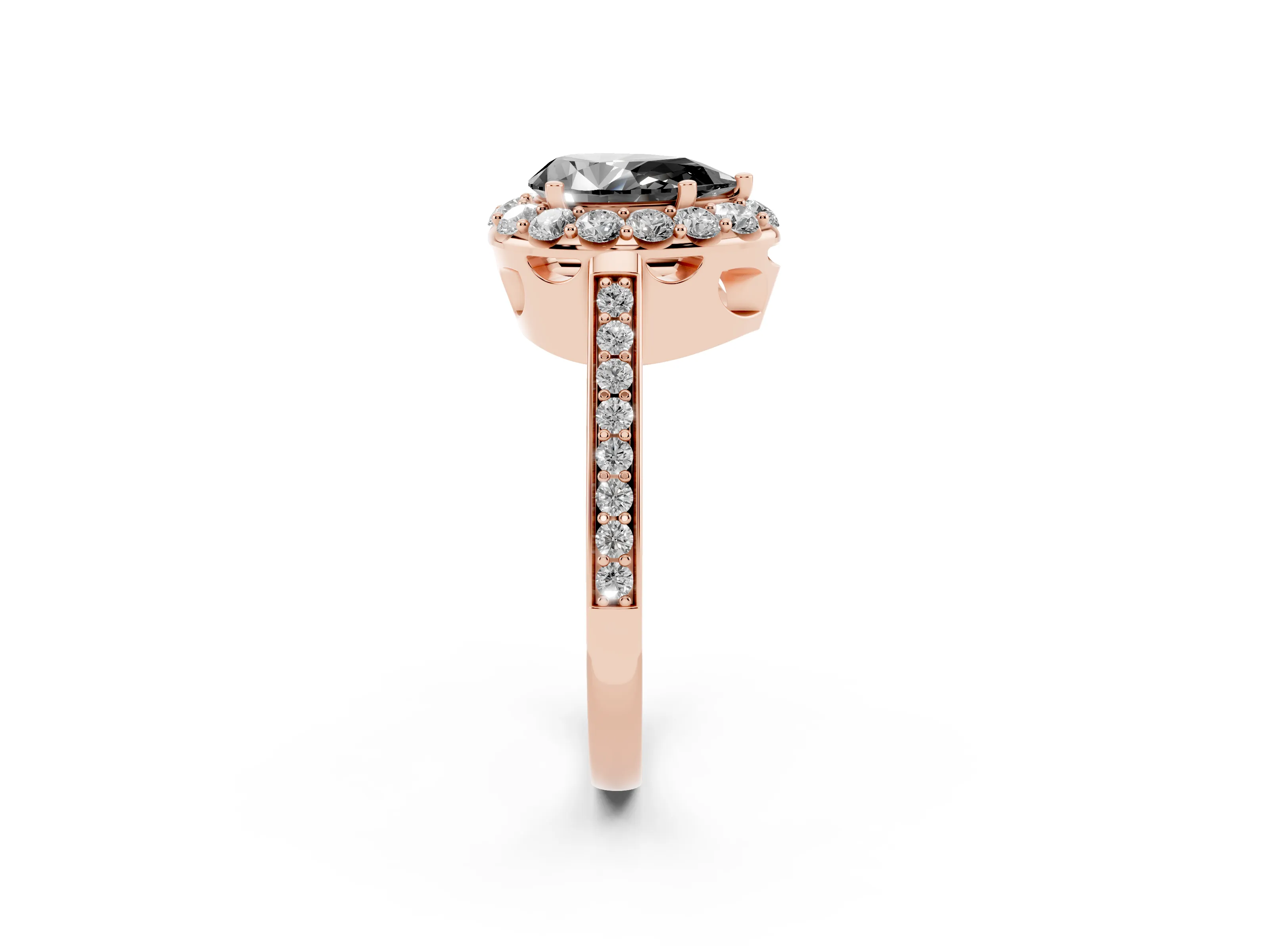 Fancy Black Pear Cut Diamond Floral Halo Ring Set in Rose gold with Pavé Band and Prong Setting