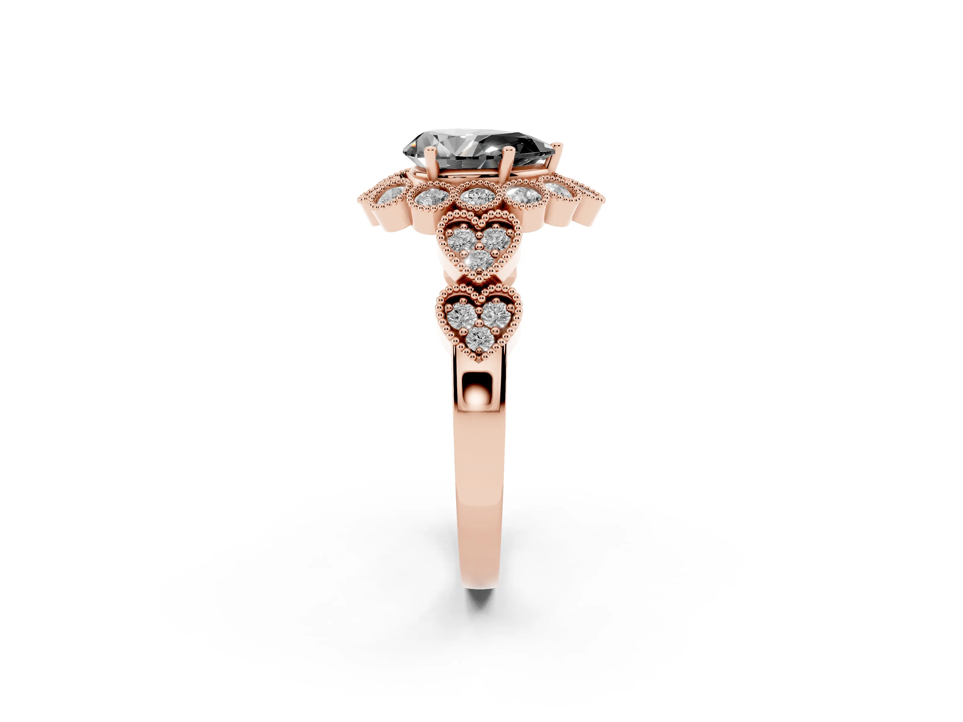 Fancy Black Pear Cut Diamond Solitaire Ring Set in Rose gold with Milgrain Pavé Heart Band