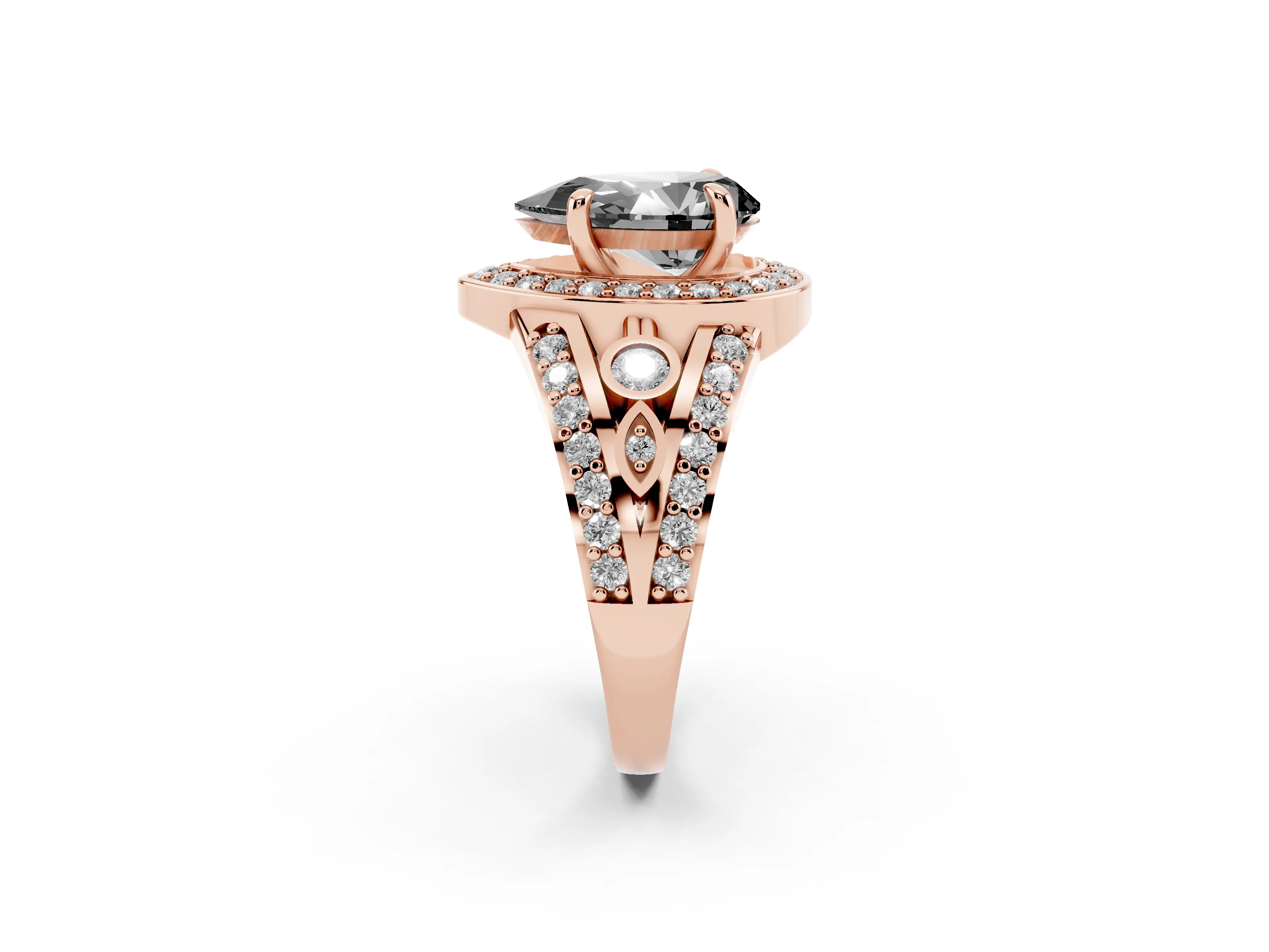 Fancy Black Pear Cut Diamond Halo Ring Set in Rose gold with Pavé Split Shank and Bezel Accents
