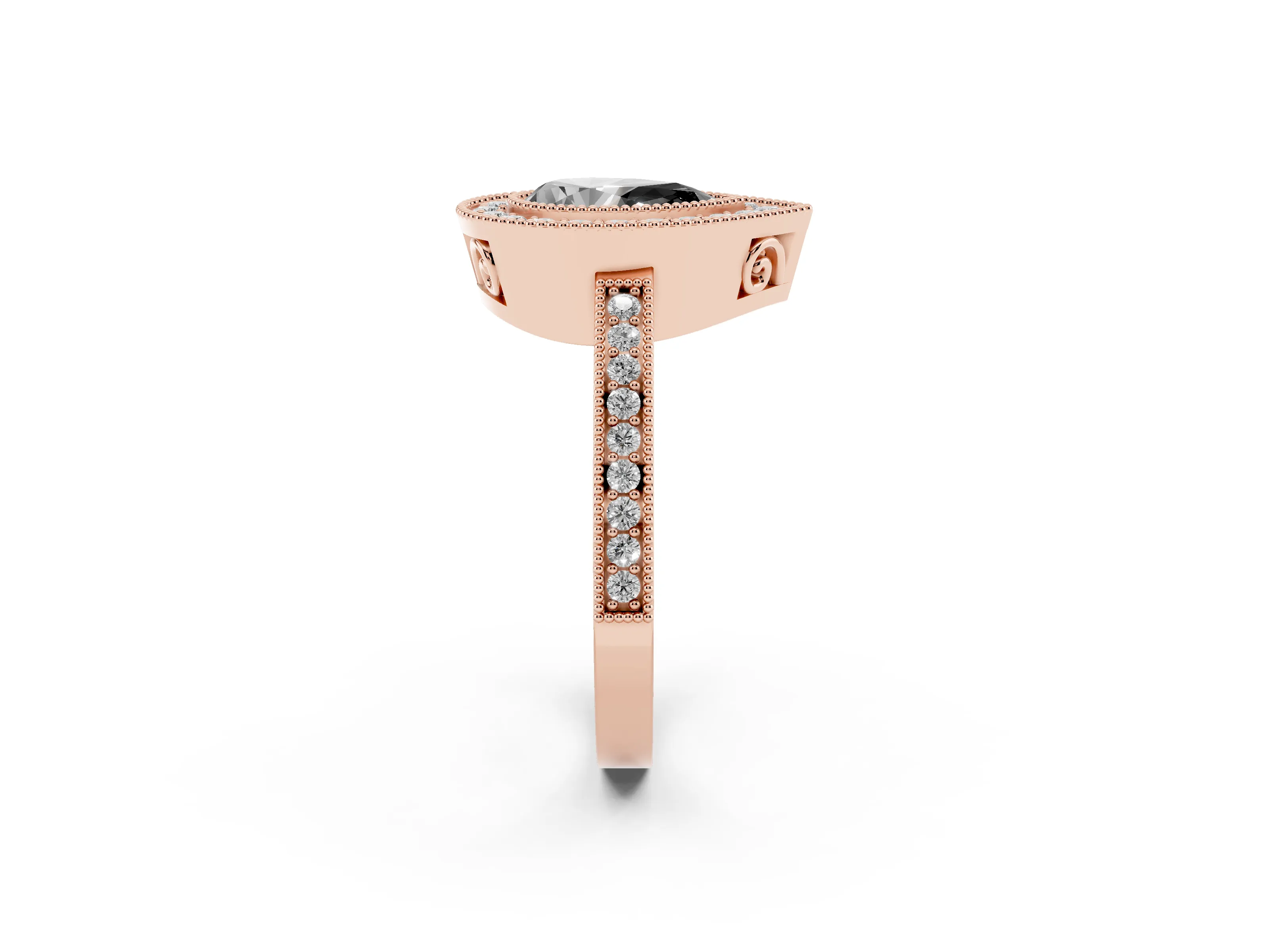 Fancy Black Pear Cut Diamond Round Halo Ring Set in Rose gold with Pavé Band