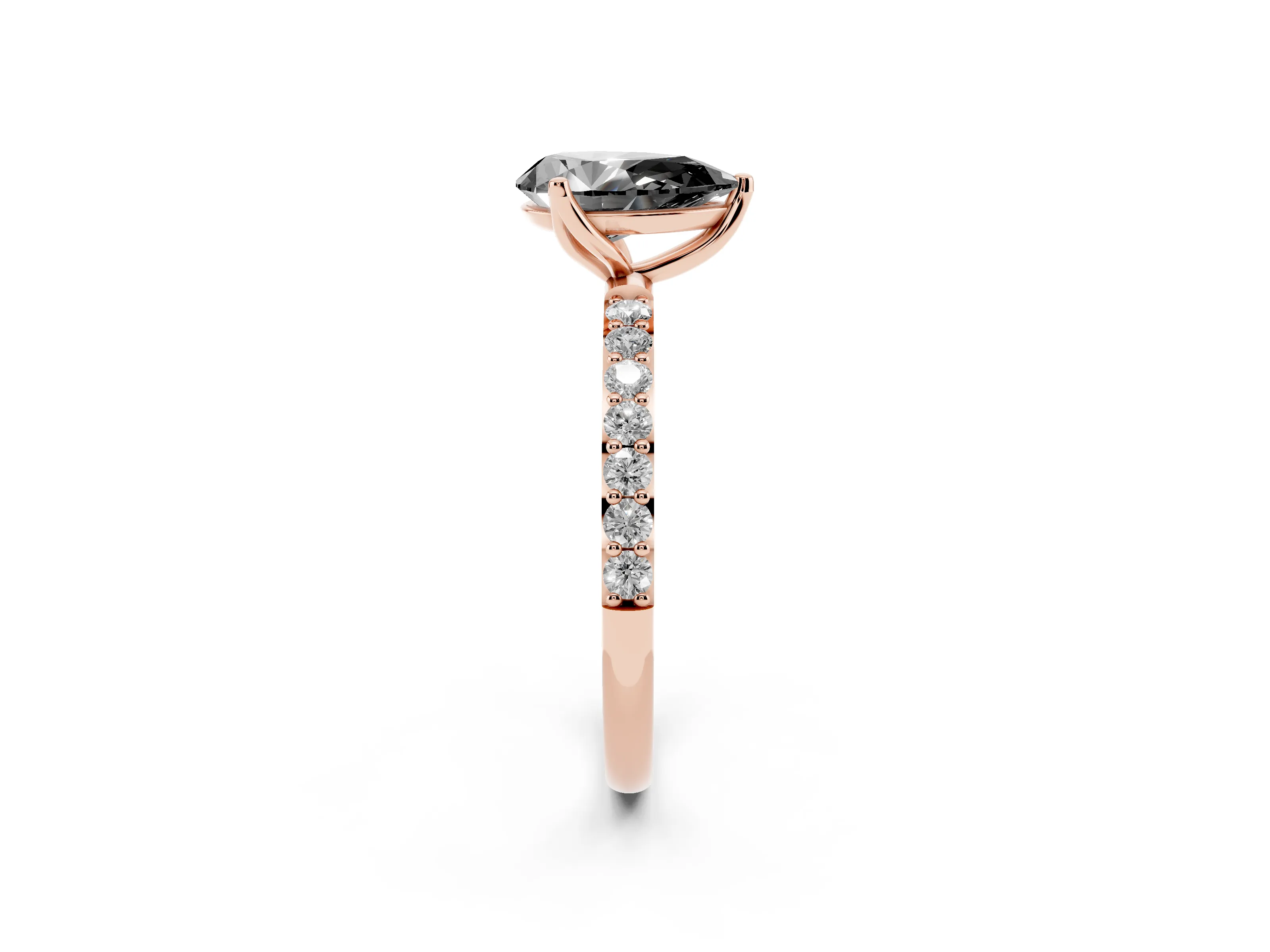 Fancy Black Pear Cut Diamond Solitaire Engagement Ring Set in Rose gold with Round Pavé Band and Prong Setting