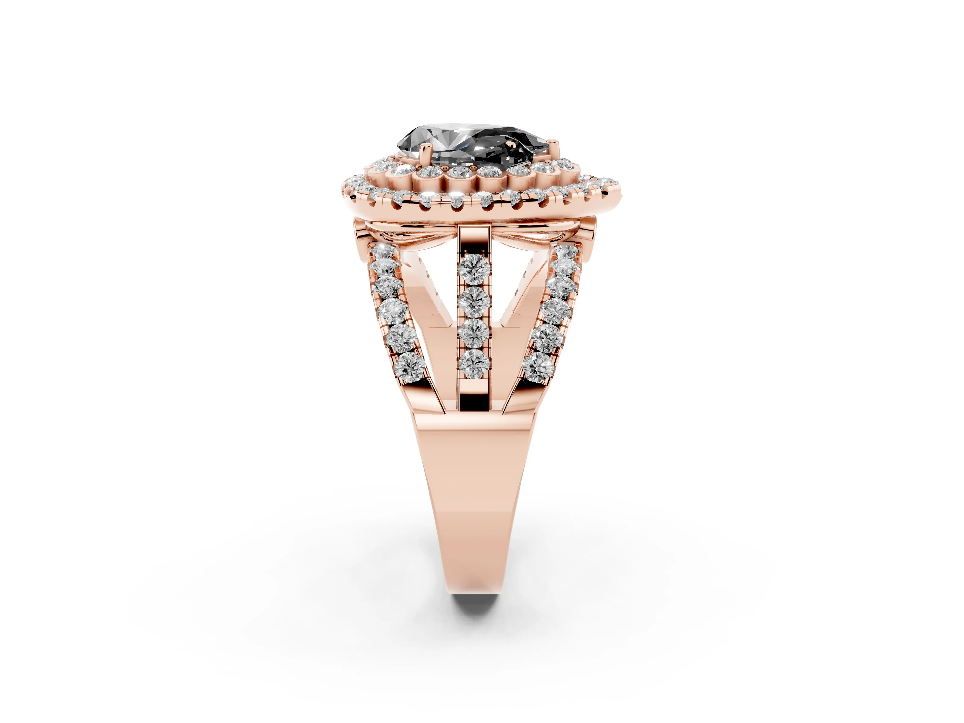 Fancy Black Pear Cut Diamond Double Halo Ring Set in Rose gold with Round Pavé Split Shank