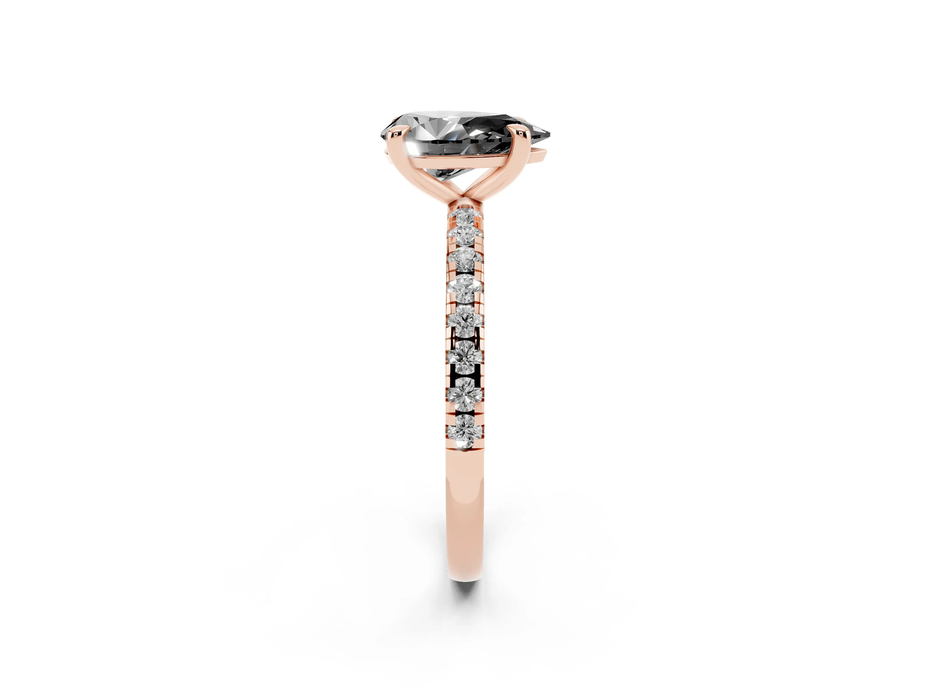 Fancy Black Pear Cut Diamond Brilliant Solitaire Ring Set in Rose gold with Pavé Band and Prong Setting