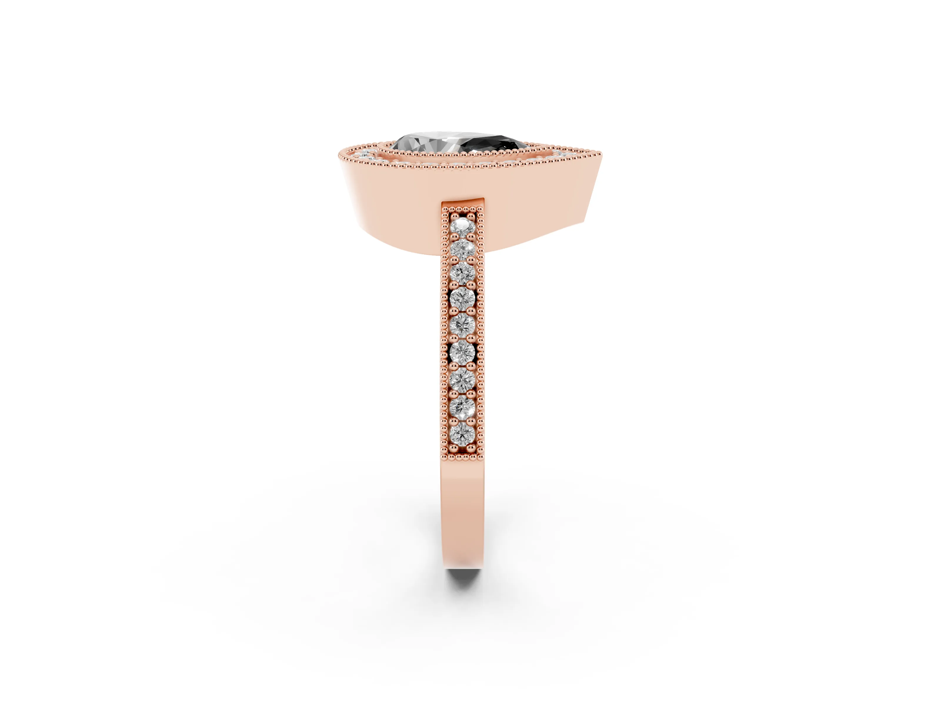 Fancy Black Pear Cut Diamond Halo Engagement Ring Set in Rose gold with Pavé Band and Round Halo Stones