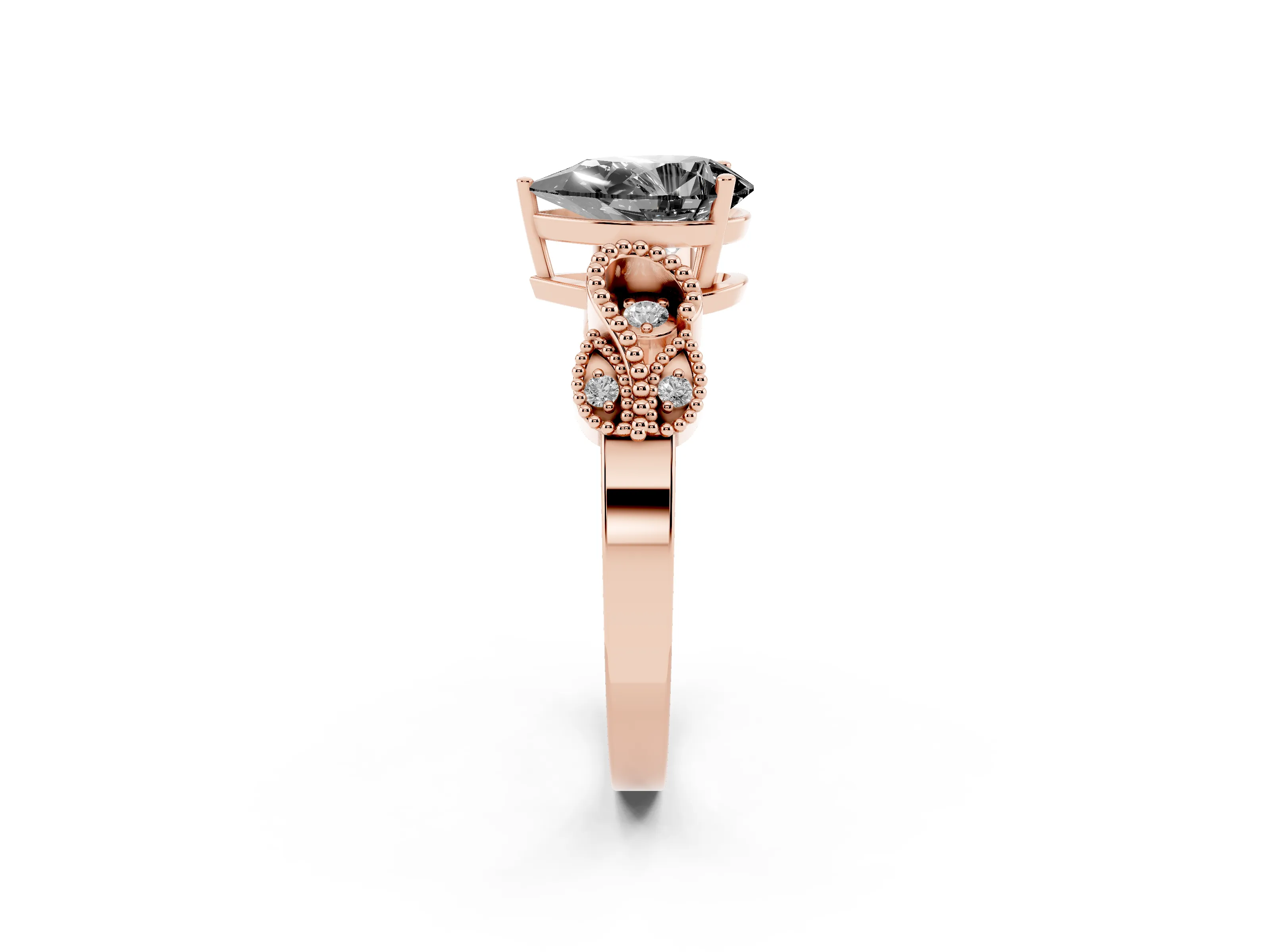 Fancy Black Pear Cut Diamond Milgrain Leaf Band Solitaire Ring Set in Rose gold with Accent Stones and Prong Setting