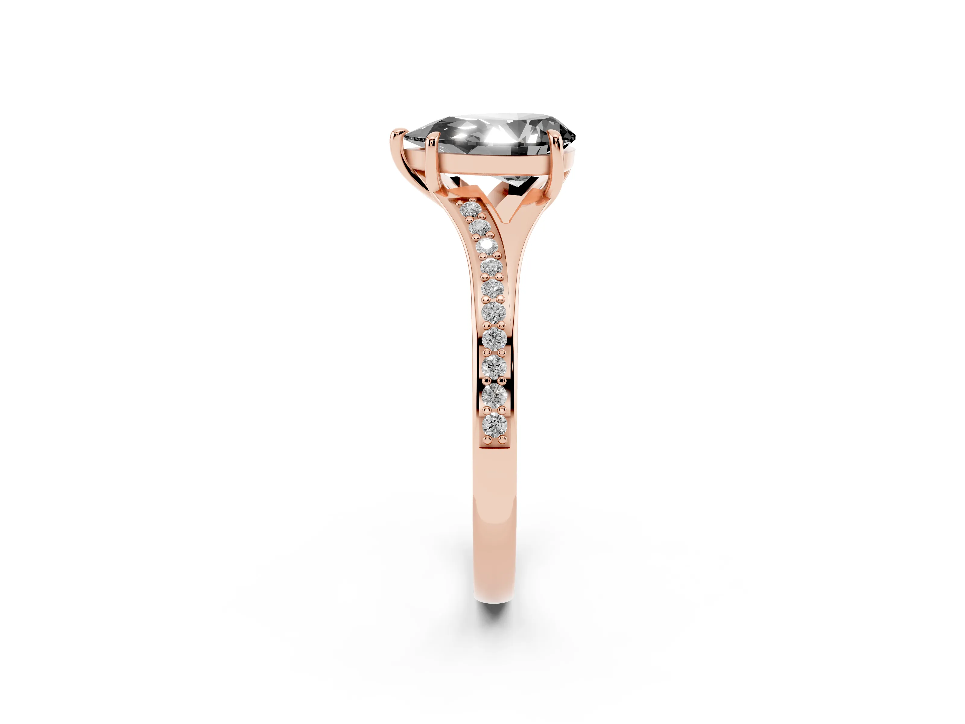 Fancy Black Pear Cut Diamond Solitaire Ring Set in Rose gold with Pavé Accent Band and Classic Prong Setting