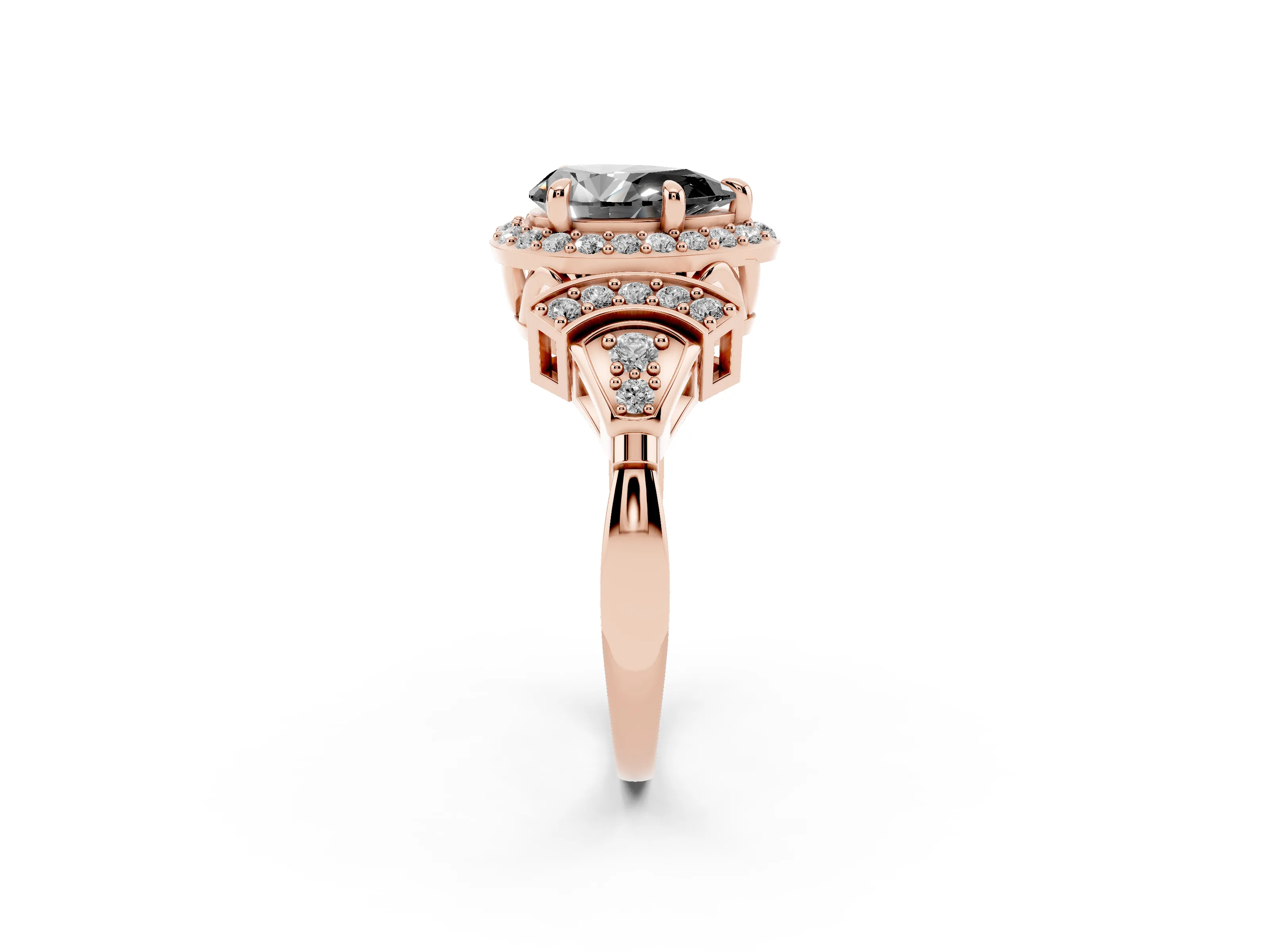 Fancy Black Pear Cut Diamond Halo Engagement Ring Set in Rose gold with Accent Stone Split Shank