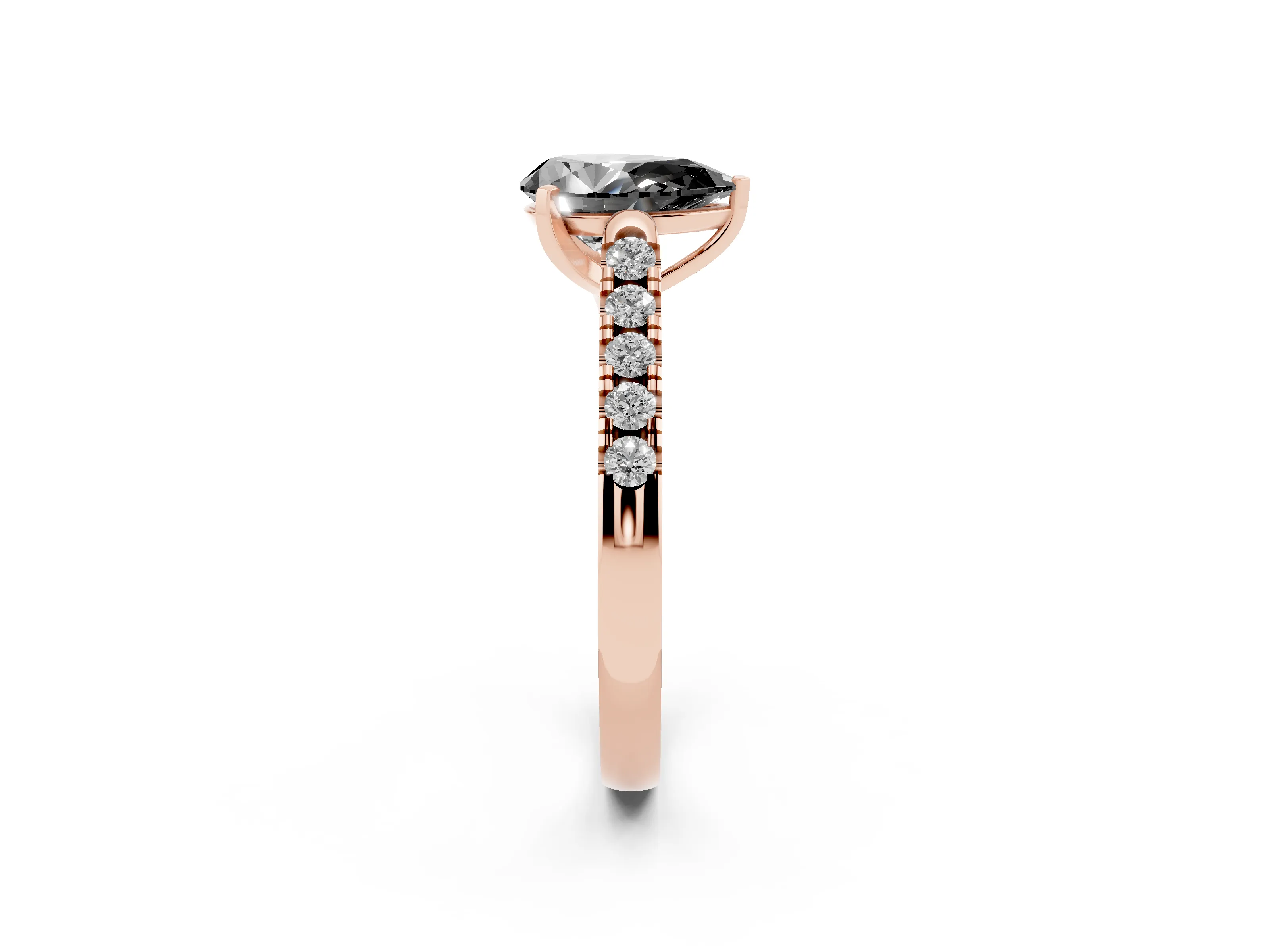 Fancy Black Pear Cut Diamond Pavé Band Solitaire Ring Set in Rose gold with Partway Accent Stones and Prong Setting