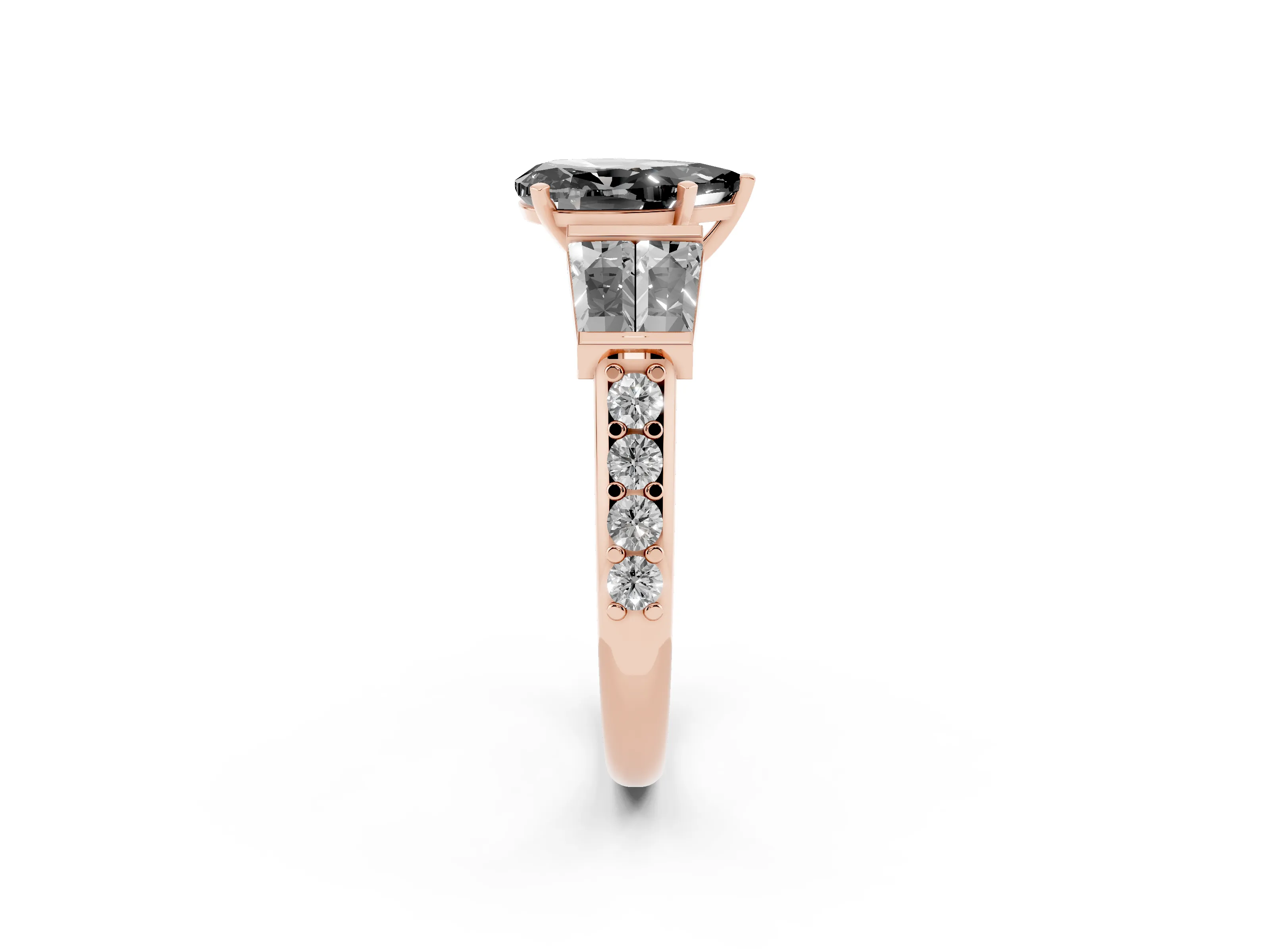 Fancy Black Pear Cut Diamond Engagement Ring Set in Rose gold with Baguette Side Stones and Channel Set Band