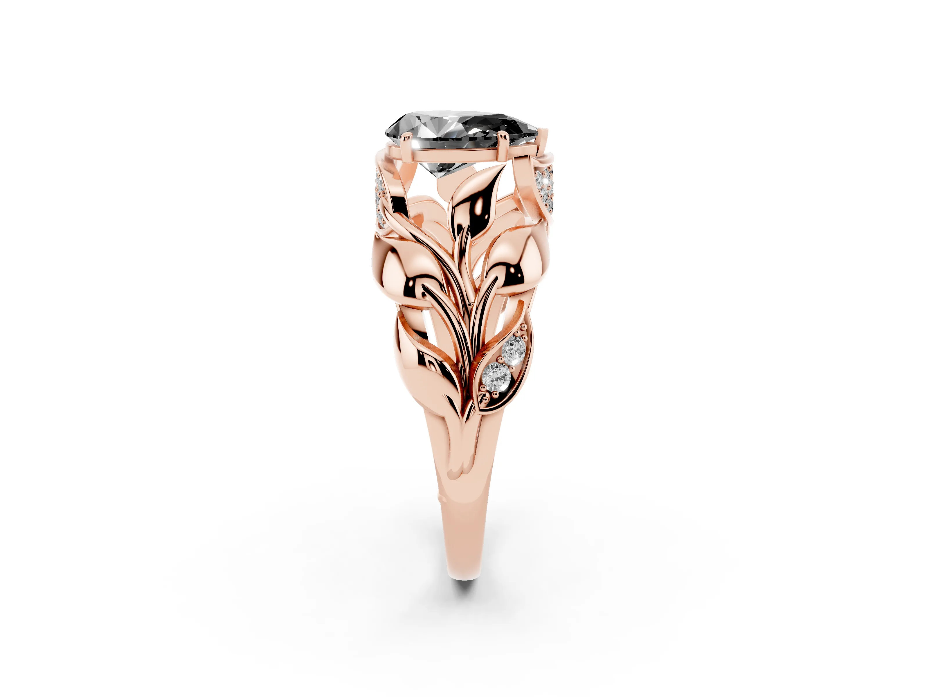 Fancy Black Pear Cut Diamond Leaf-Inspired Engagement Ring Set in Rose gold with Round Accents