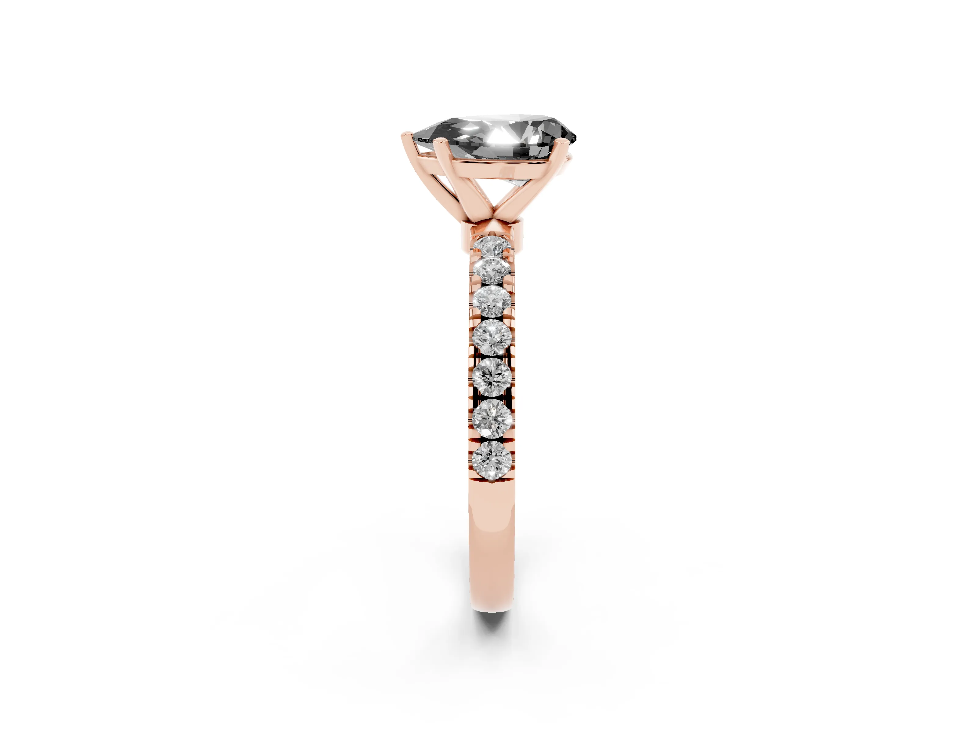 Fancy Black Pear Cut Diamond Solitaire Ring Set in Rose gold with Pavé Accents and Prong Setting