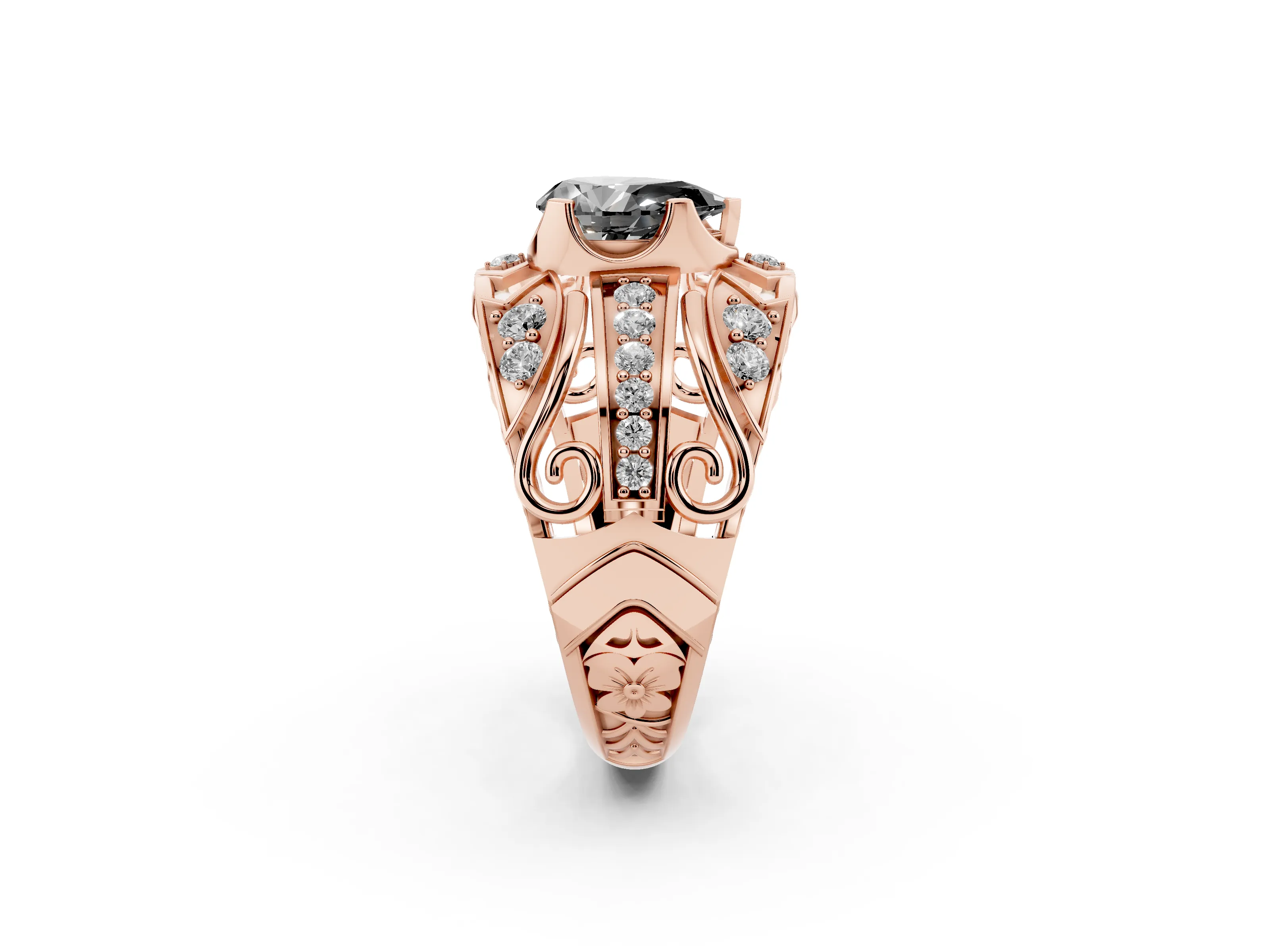 Fancy Black Pear Cut Diamond Art Deco Ring Set in Rose gold with Pavé Split Shank