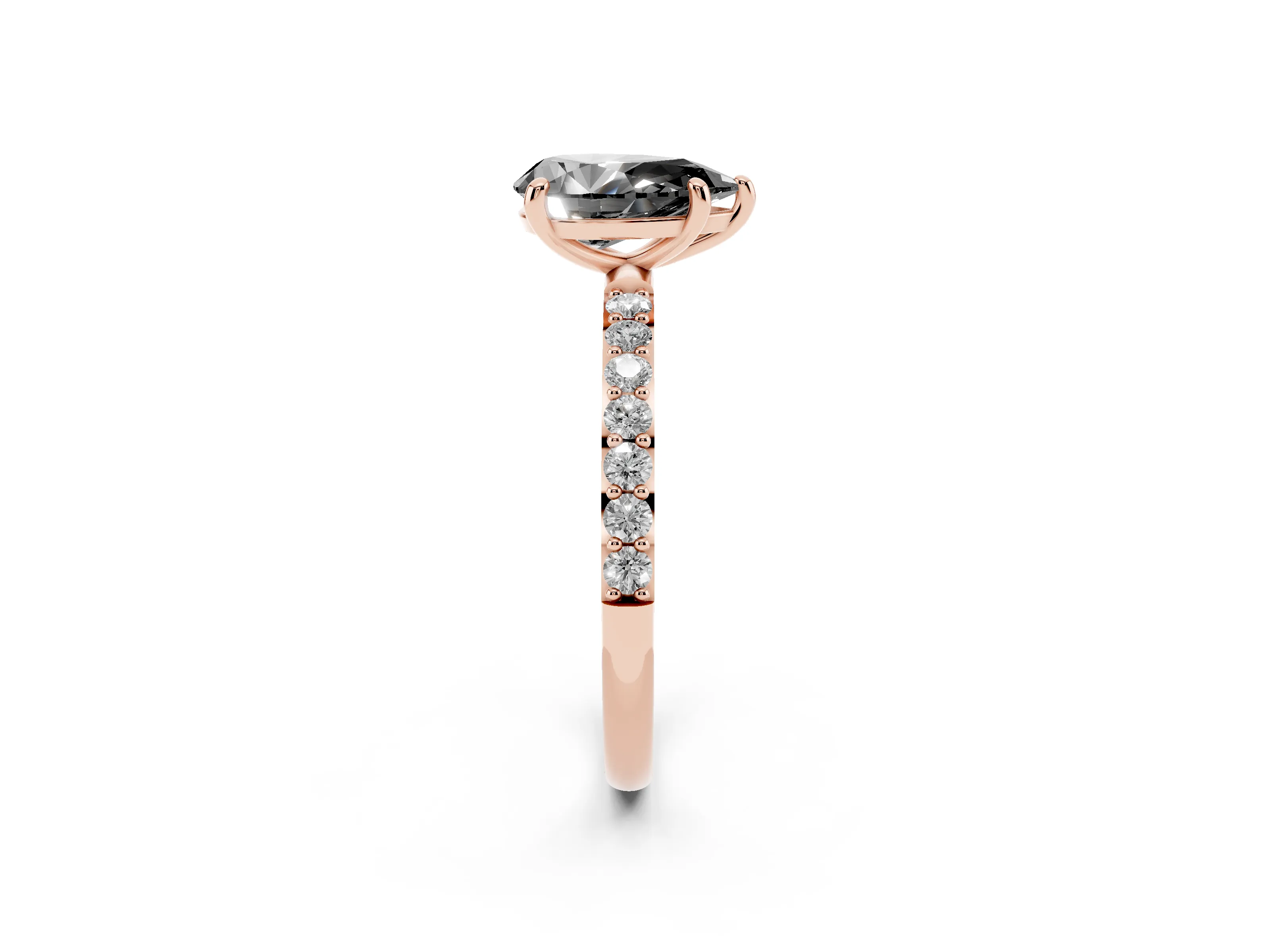 Fancy Black Pear Cut Diamond Solitaire Ring Set in Rose gold with Round Pavé Band and Prong Setting